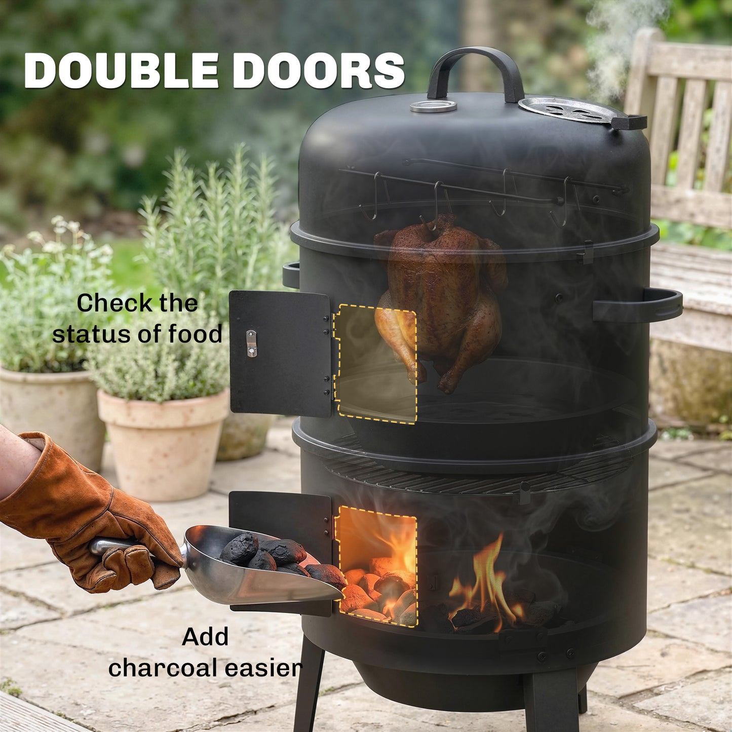 Outsunny 3-In-1 Vertical Charcoal Smoker With Two Grill Grates Built-In Thermometer Adjustable Vent And Two Doors