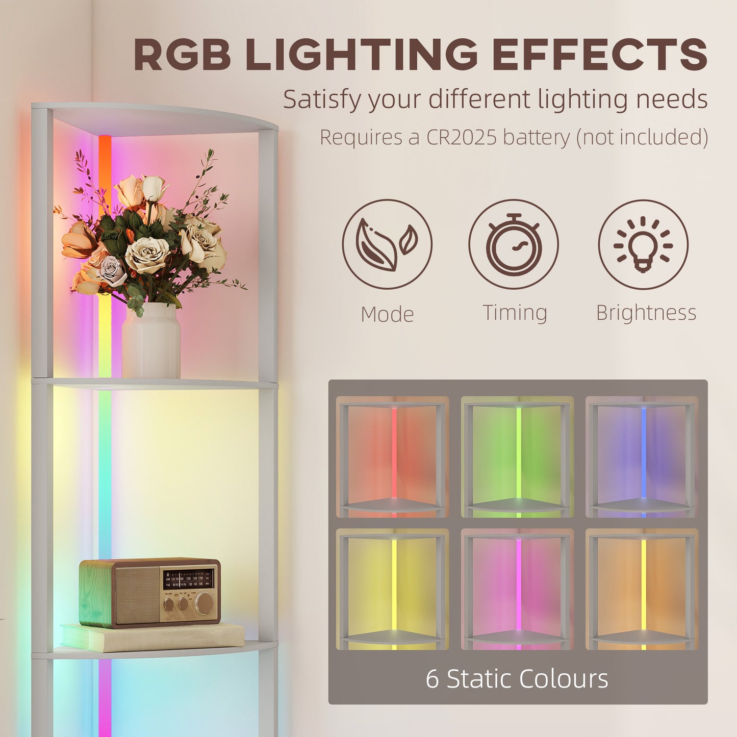 HOMCOM RGB LED Floor Lamp With Shelves 5 Tier Dimmable Standing Lamp Remote Control For Living Room Bedroom Office Grey