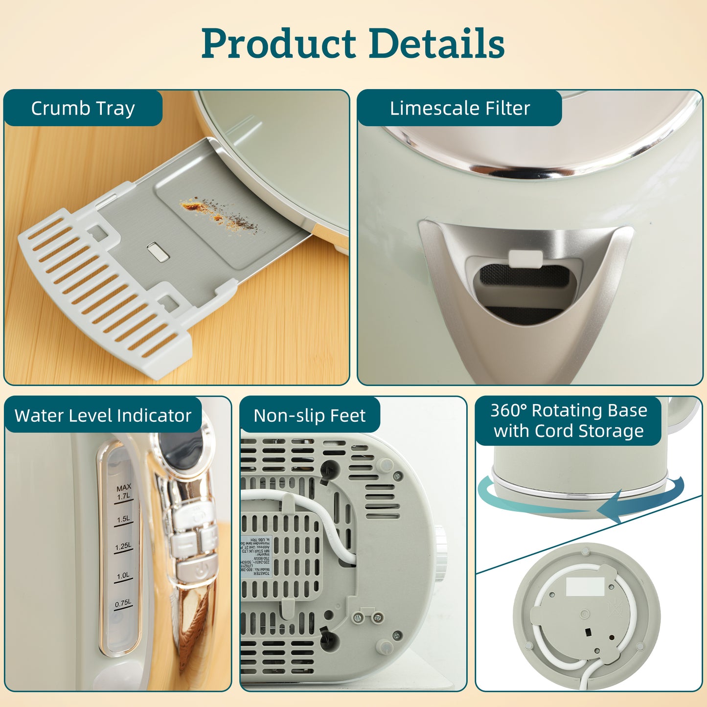 HOMCOM Polished Retro 40-100 C Kettle And Toaster Set Grey With Temperature Control And Memory Function