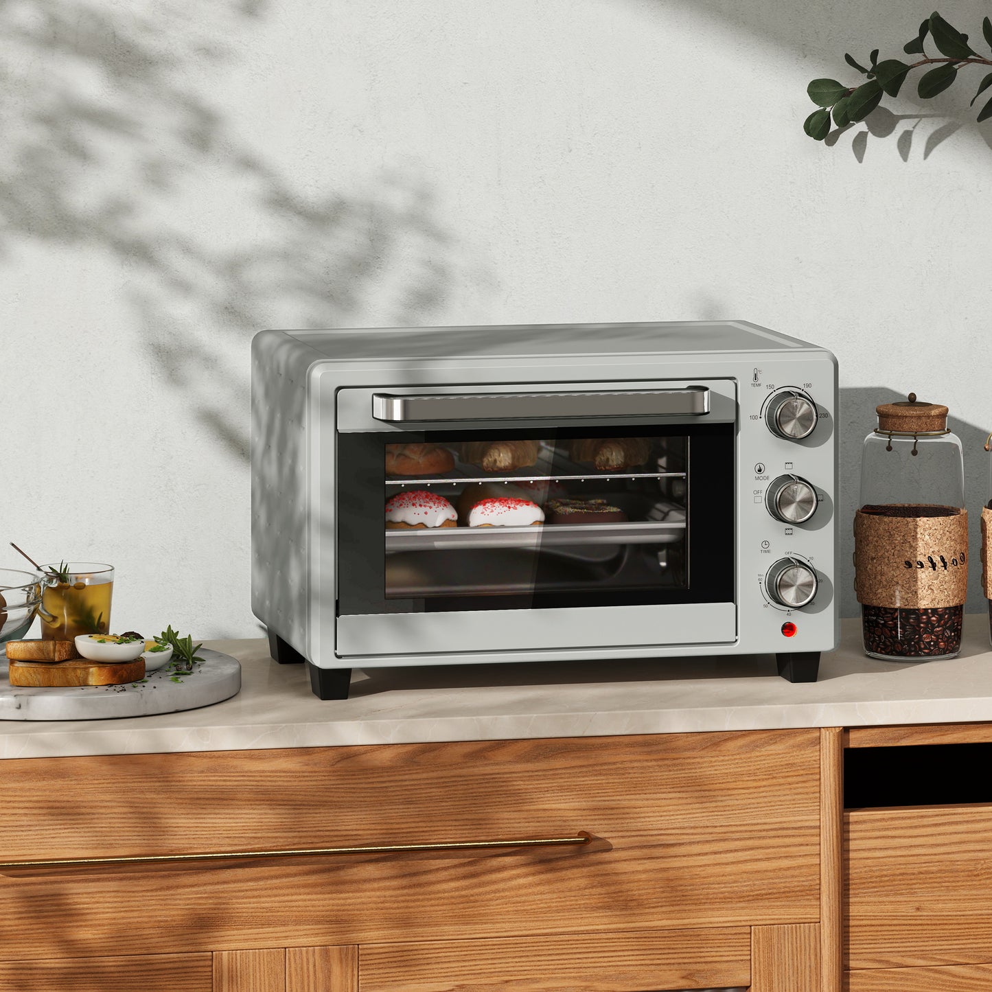 HOMCOM 21L Mini Countertop Oven With 100 To 230 Celsius Temperature Range, Removable Wire Rack And Tray, Silver Tone