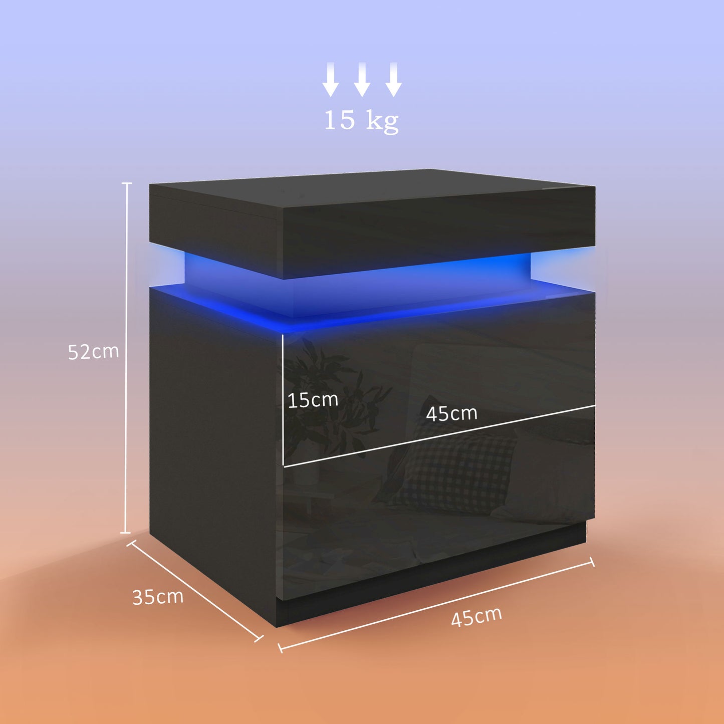 HOMCOM High Gloss Front Bedside Tables Set Of 2 With RGB LED Light And 2 Drawers For Bedroom Living Room Black