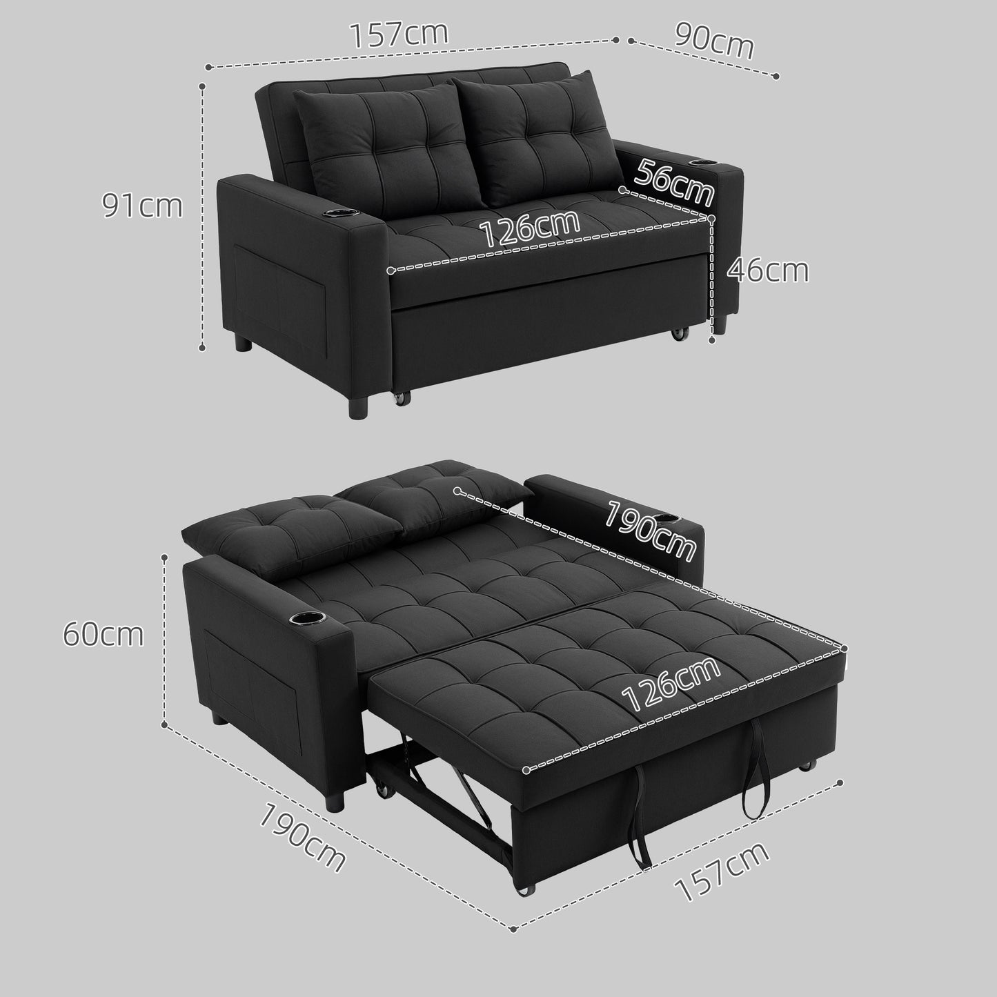 HOMCOM Two Seater Pull Out Sofa Bed In Black With 157 X 190 Cm Bed Size And High Density Foam Cushioned Comfort