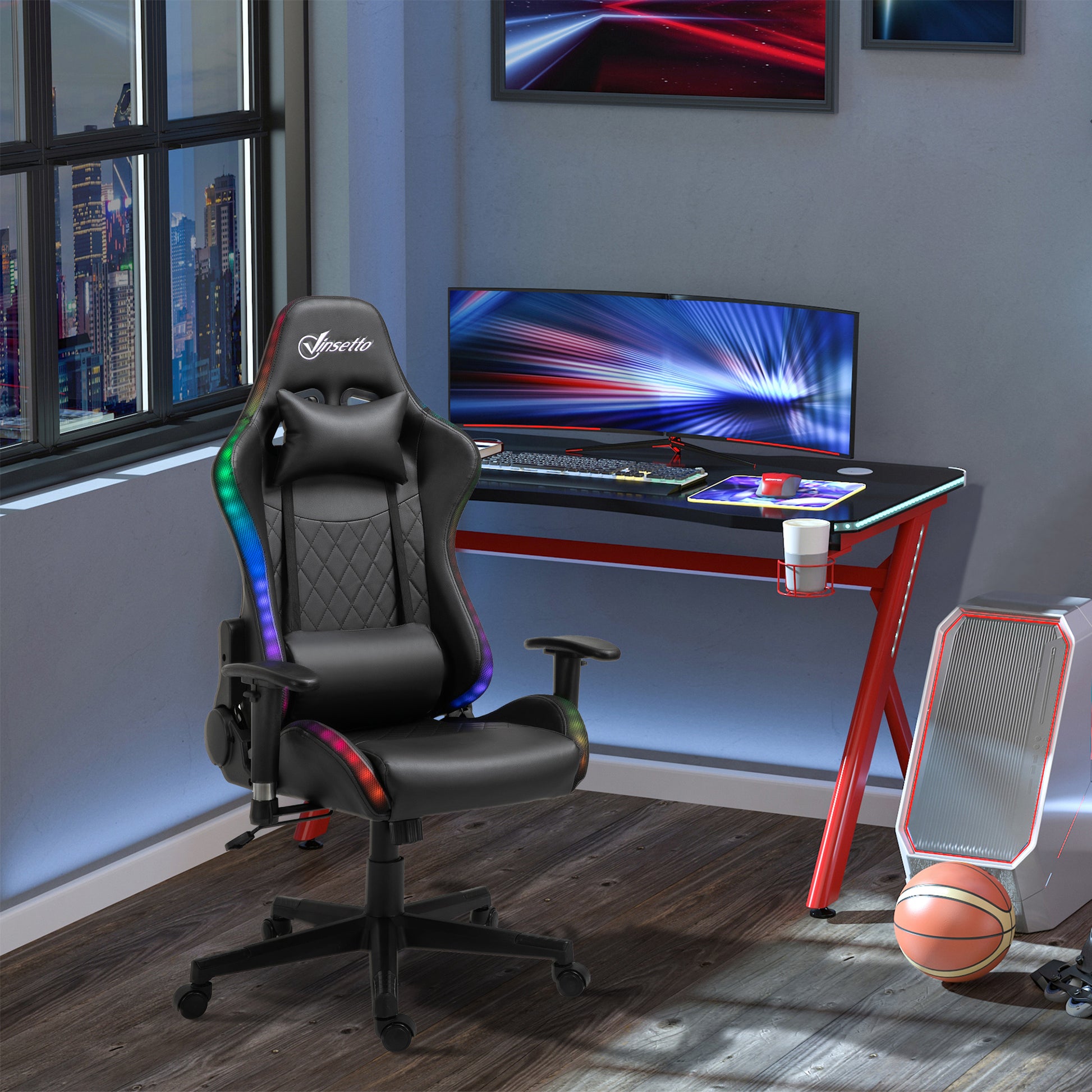 Vinsetto RGB LED Gaming Office Chair with Adjustable Height, 2D Armrests, and Lumbar Support for Ultimate Comfort - ALL4U RETAILER LTD