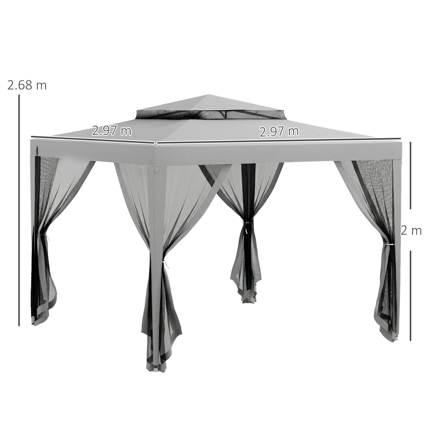 Outsunny 3 x 3 M Gazebo With Netting Mesh Sidewalls Double Tier Roof Patio Canopy Outdoor Event Shelter Light Grey