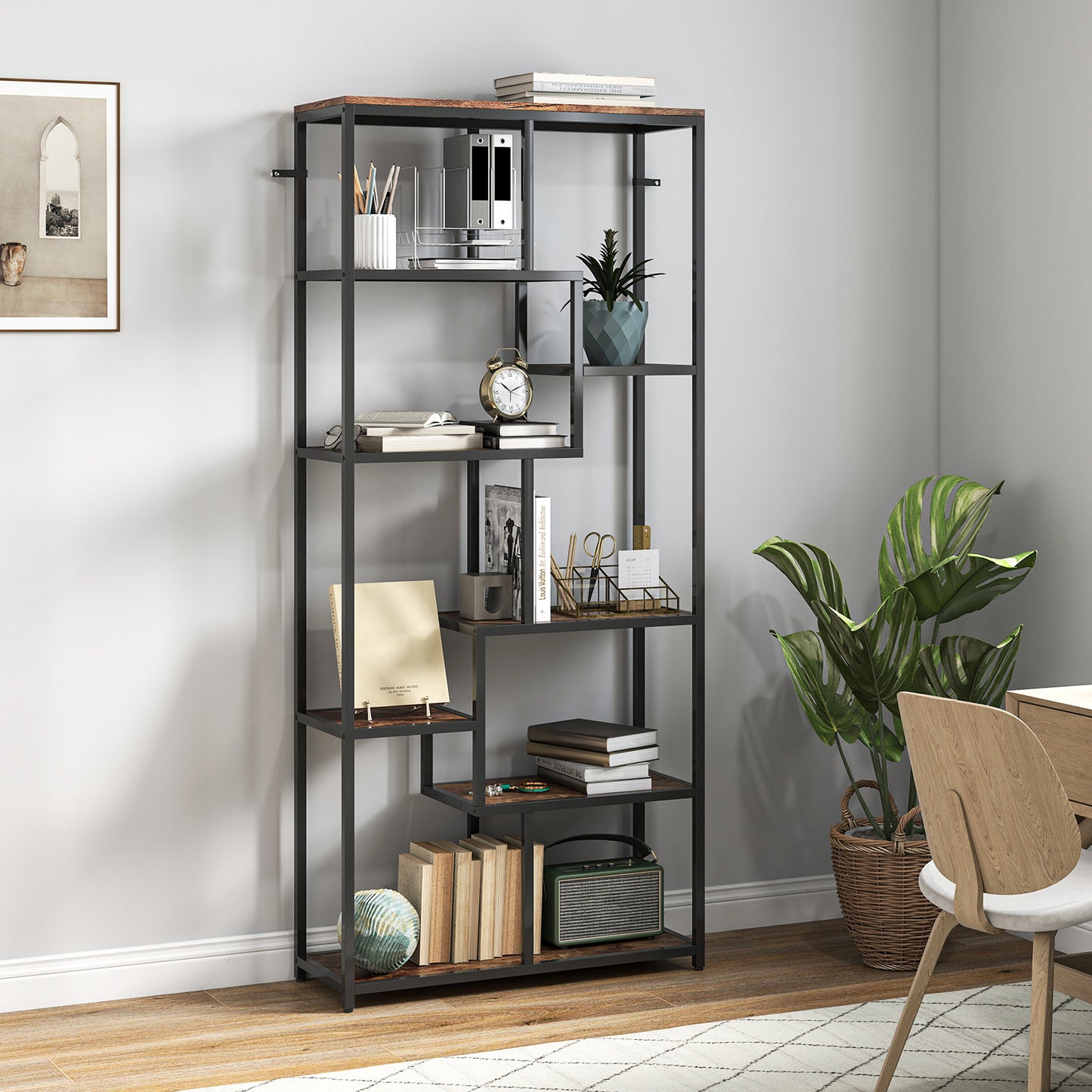 HOMCOM Seven Tier Geometric Bookcase Brown And Black Metal Frame Shelving Unit For Display