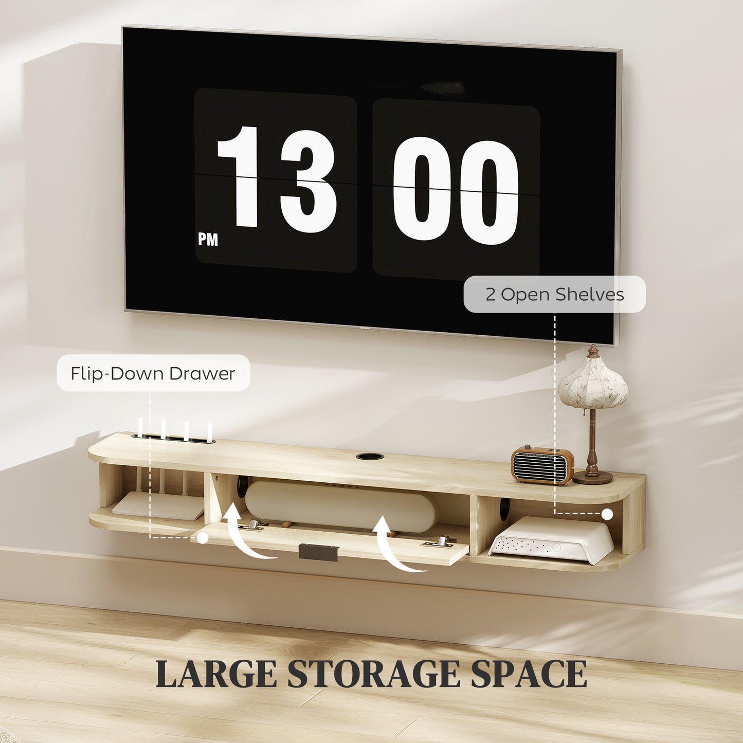 HOMCOM 120 Cm Floating TV Unit Wall Mounted For TVs Up To 50 Inch Natural Finish With Concealed Cables And Drawer