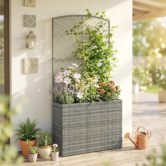 Outsunny Rattan Planter With Trellis Raised Bed Garden Planter Liner For Climbing Plants Vegetables Flowers Dark Grey
