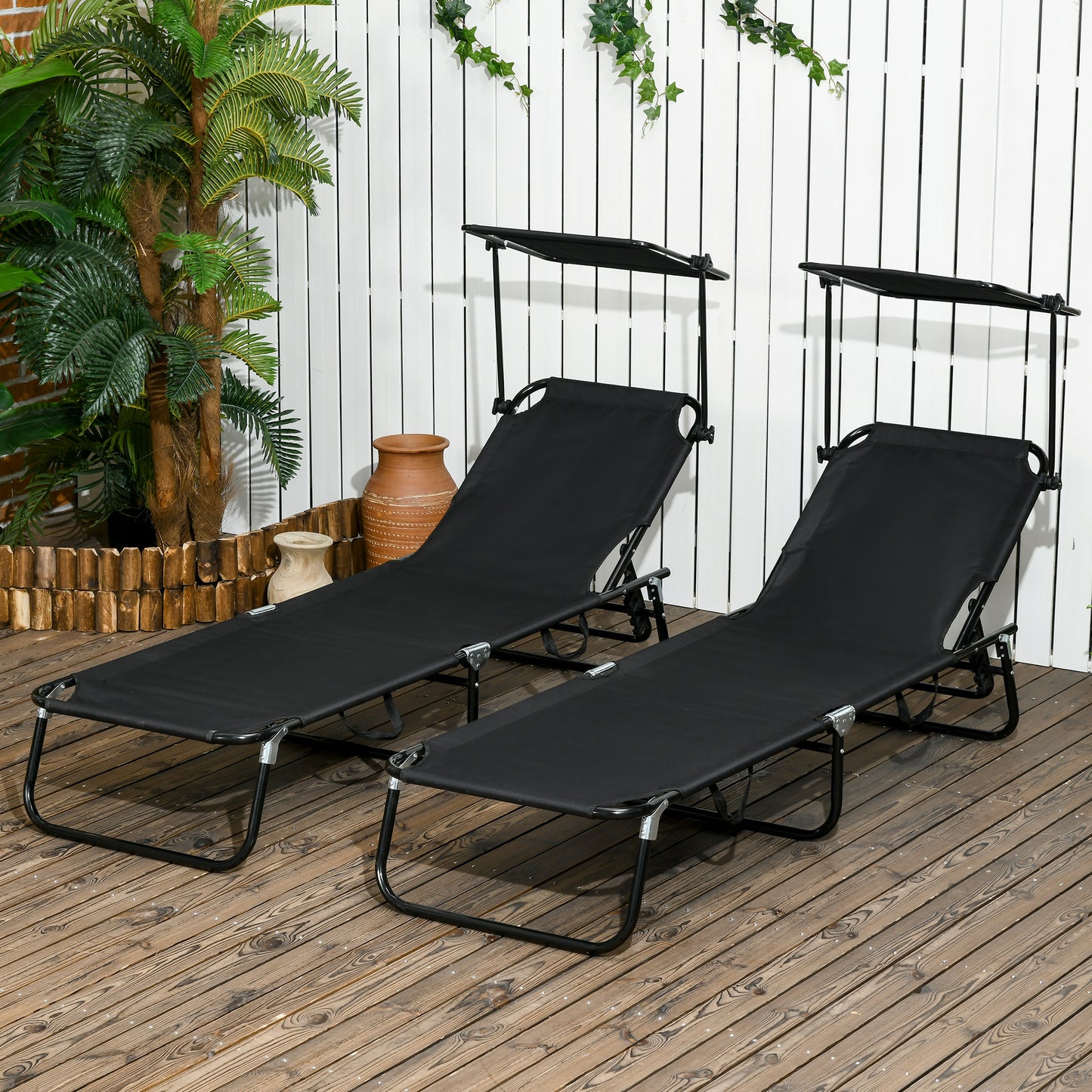 Outsunny Set of 2 Adjustable Folding Sun Loungers with Sunshade - Outdoor Patio Chairs for Relaxation and Tanning - ALL4U RETAILER LTD