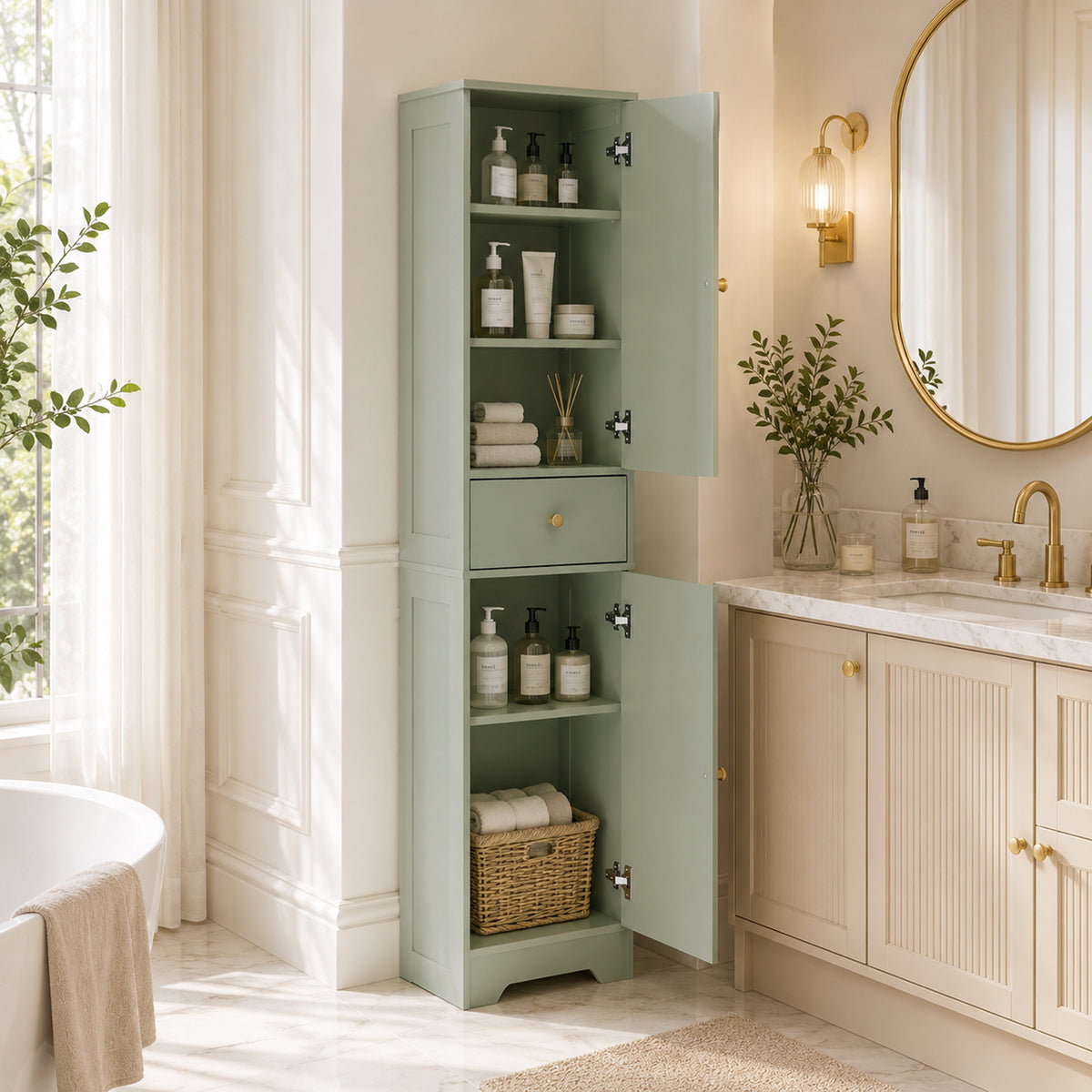 HOMCOM Tall Bathroom Storage Cabinet with Drawer and Arched Doors Light Green