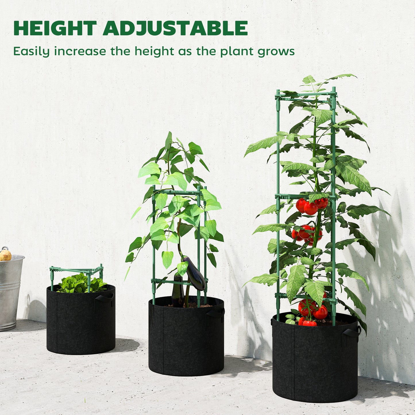 Outsunny 3 Pack Tomato Cages With 83.7L Grow Bags 120cm Adjustable Triangle Plant Stakes Trellis And Planter Bags