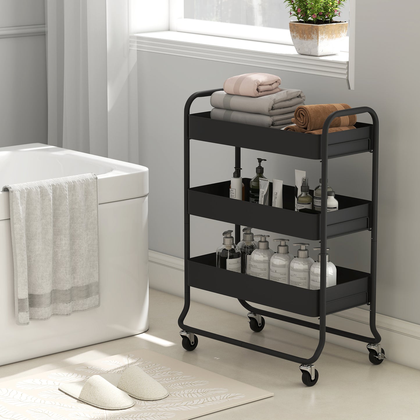 HOMCOM 3 Tier Storage Trolley on Wheels Rolling Utility Cart with Mesh Baskets for Kitchen Bathroom Bedroom Black