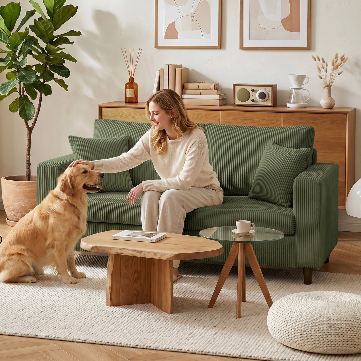 HOMCOM Corduroy Loveseat Sofa With Wide Seat 2 Seater Couch Deep Seat Spring Cushion Green