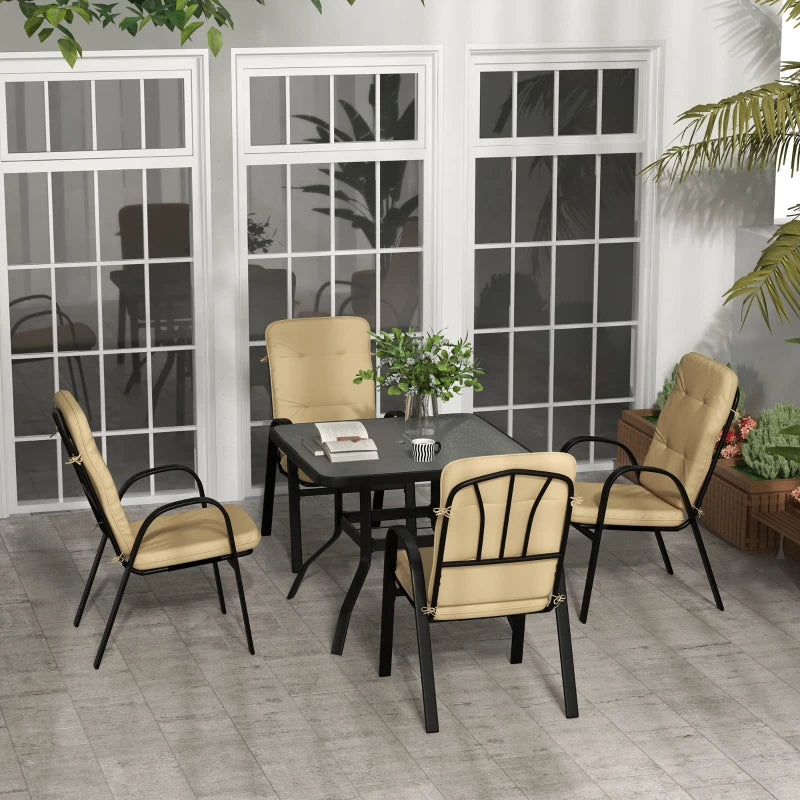 Outsunny 5-Piece Outdoor Square Garden Dining Set with Tempered Glass Dining Table, 4 Cushioned Armchairs, Umbrella Hole - Beige | Stylish Patio Furniture Ensemble for Al Fresco Dining - ALL4U RETAILER LTD