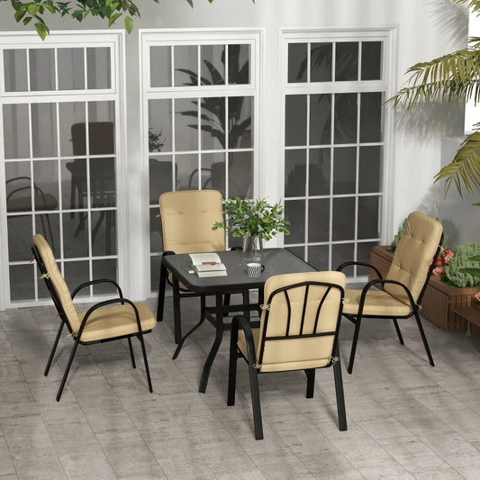 Outsunny 5-Piece Outdoor Square Garden Dining Set with Tempered Glass Dining Table, 4 Cushioned Armchairs, Umbrella Hole - Beige | Stylish Patio Furniture Ensemble for Al Fresco Dining