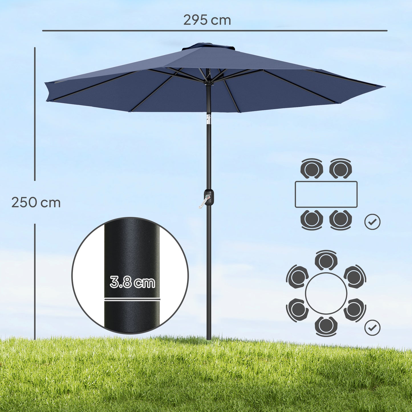 Outsunny 3m Garden Parasol Umbrellas With Tilt And Crank Handle 8 Ribs Navy Blue