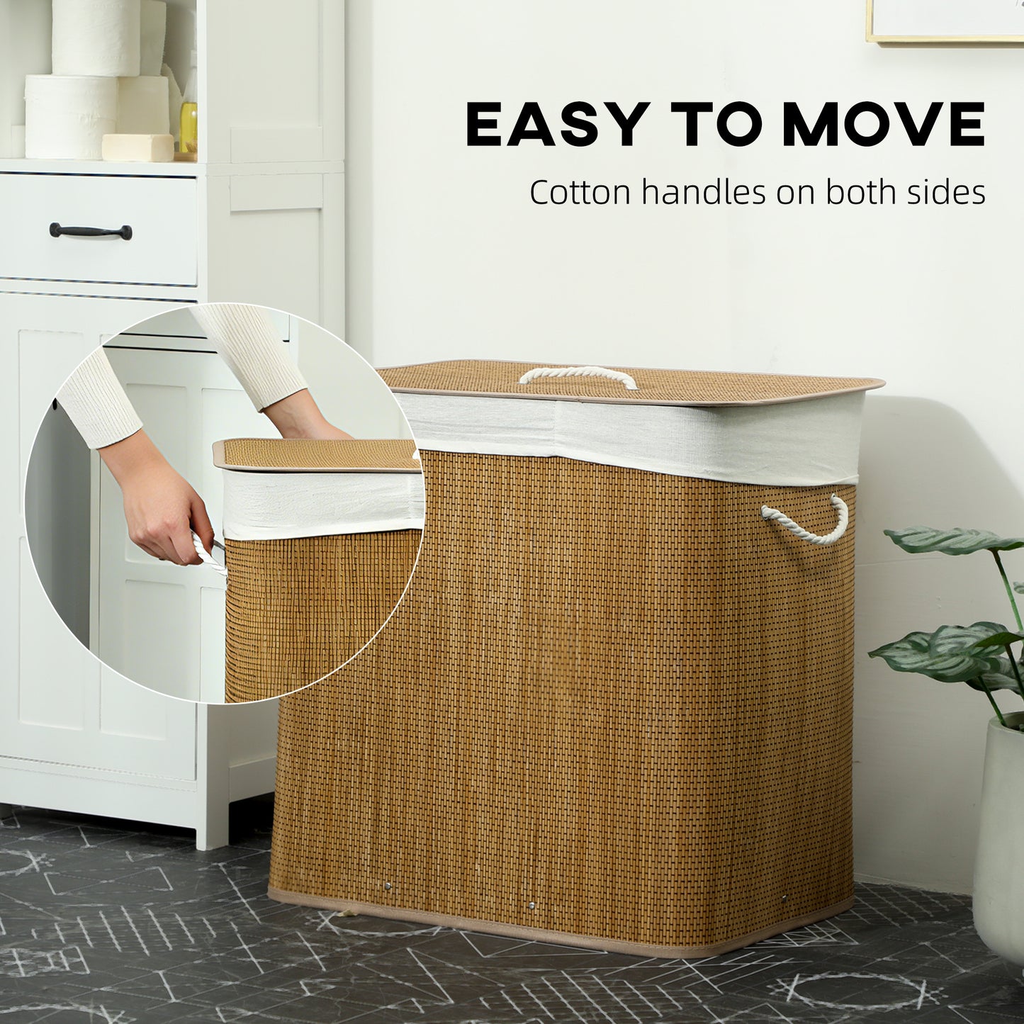 HOMCOM 3 Section Laundry Basket with Lid 144L Brown Bamboo Hamper with Handles Removable Washable Liner