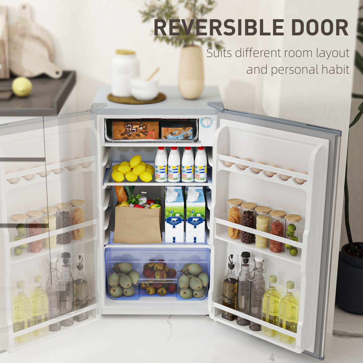 HOMCOM 91L Freestanding Under Counter Fridge With Lock Grey Ideal For Small Kitchens Bedrooms And Offices