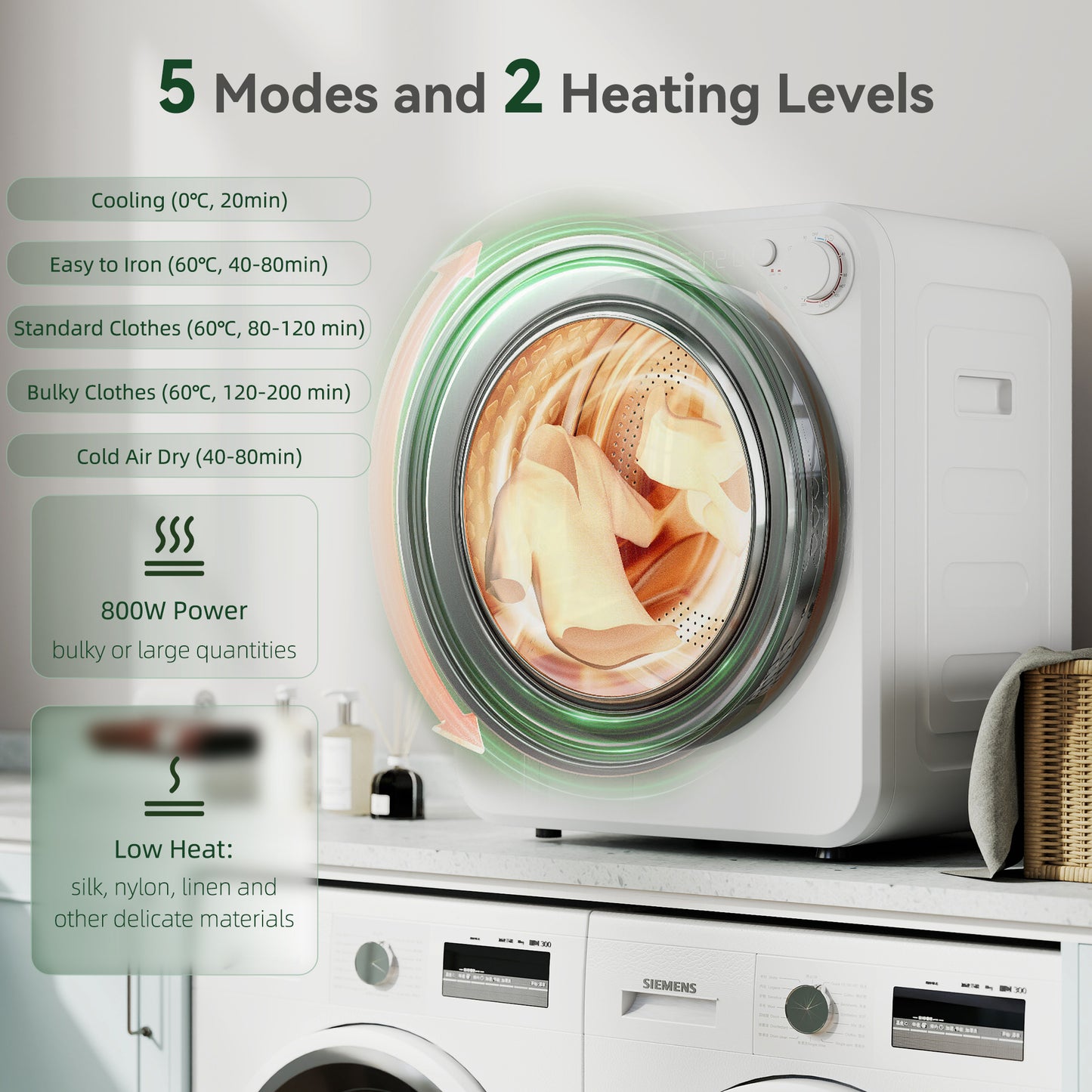 HOMCOM 4Kg Front Load Portable Laundry Dryer With Two Power Modes 400W 800W White