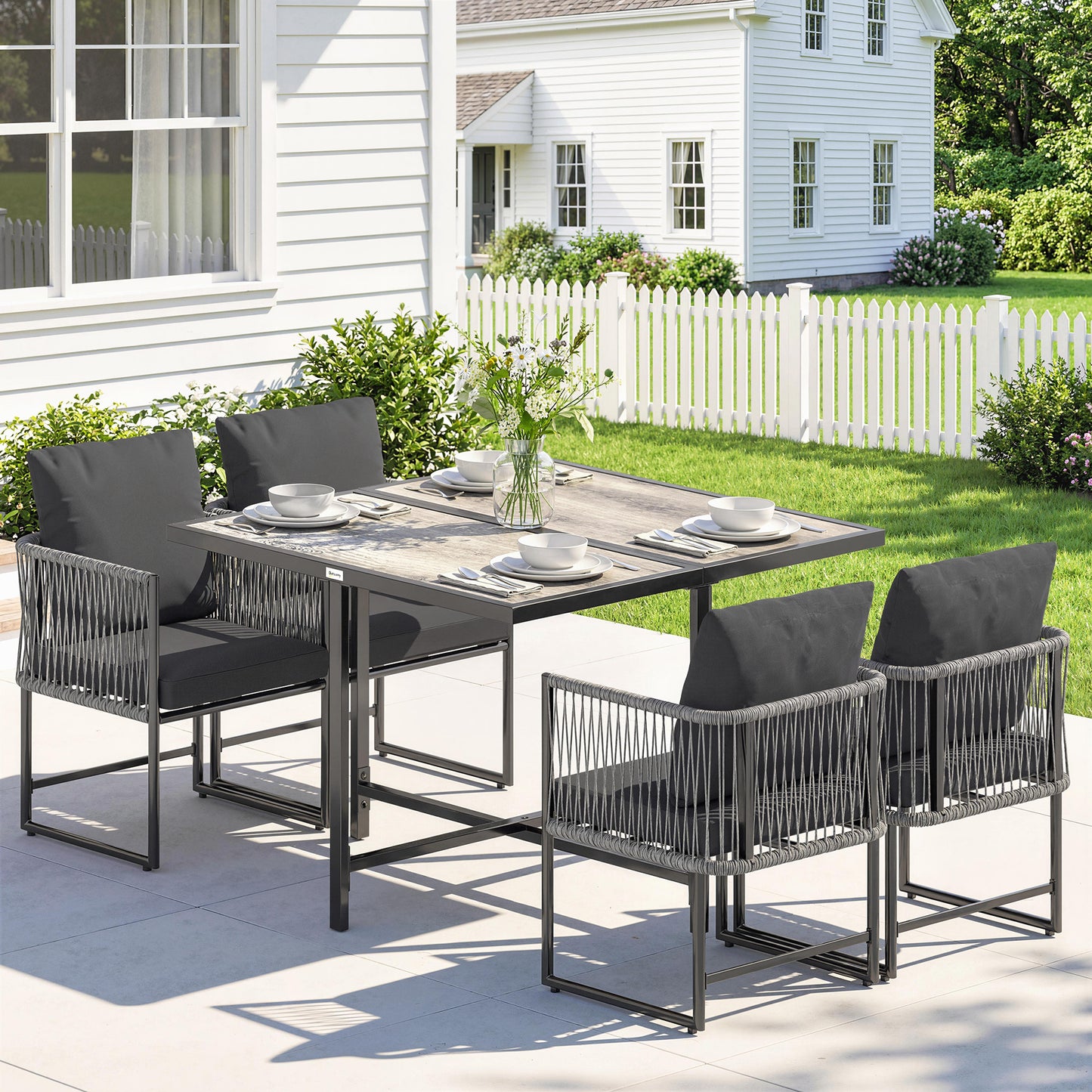Outsunny 4 Seater Garden Dining Set Rattan Furniture With Space Saving Chairs And Thick Cushions For Patio Black