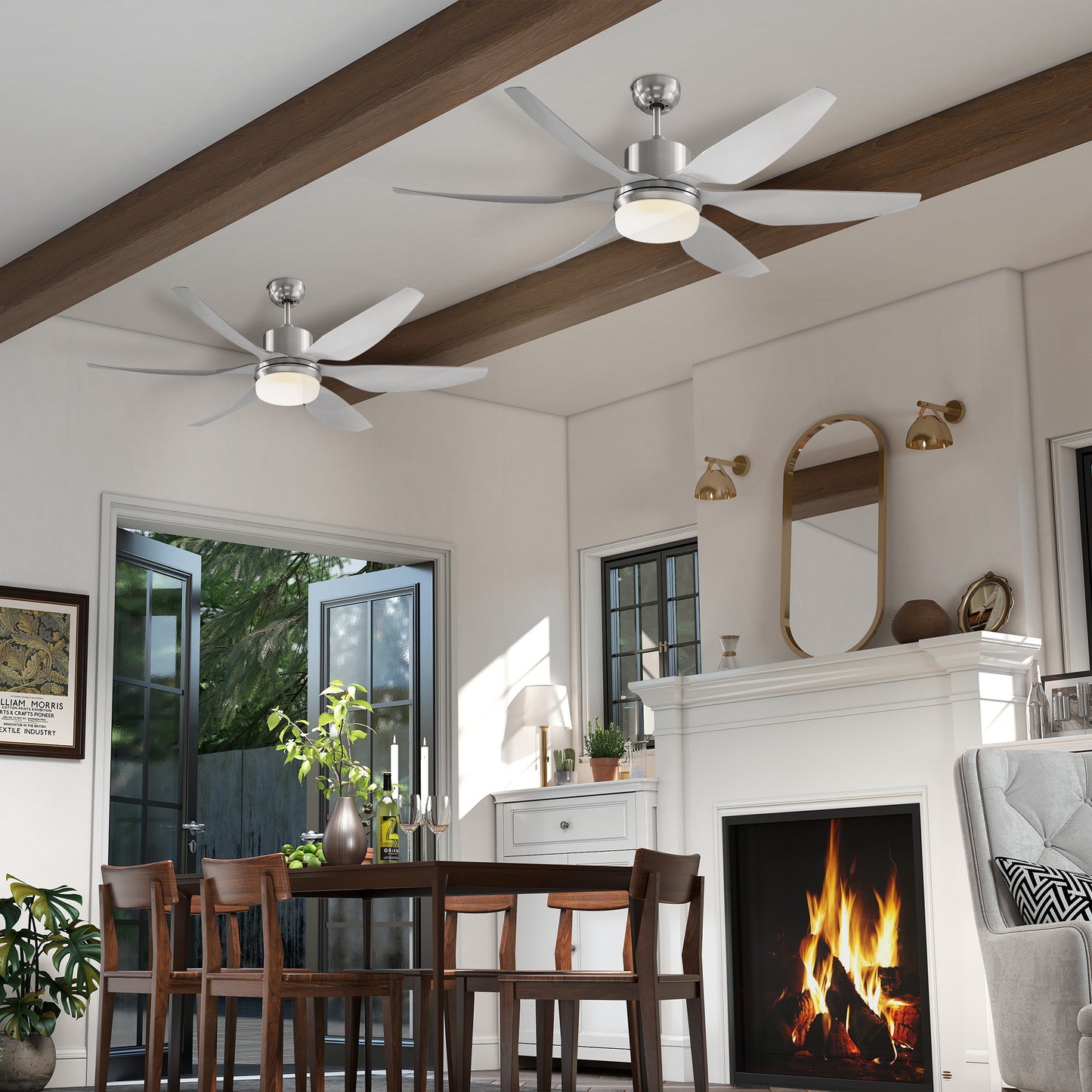 HOMCOM Set of 2 Reversible Ceiling Fans with Light 6 Blades Indoor Modern LED Ceiling Fans with Remote Controller Silver