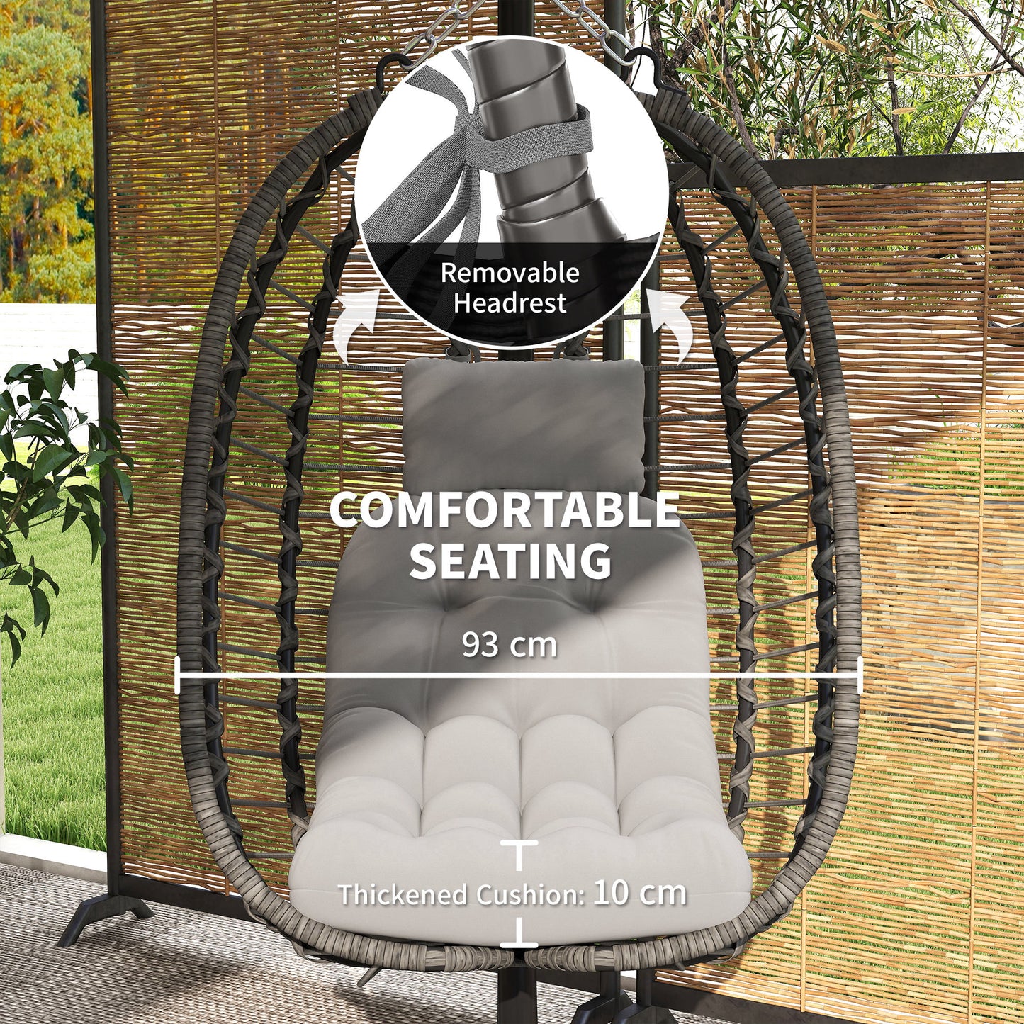 Outsunny Rattan Egg Chair With Stand Cushion Foldable Wicker Swing Adjustable Height Head Pillow Steel Frame Light Grey