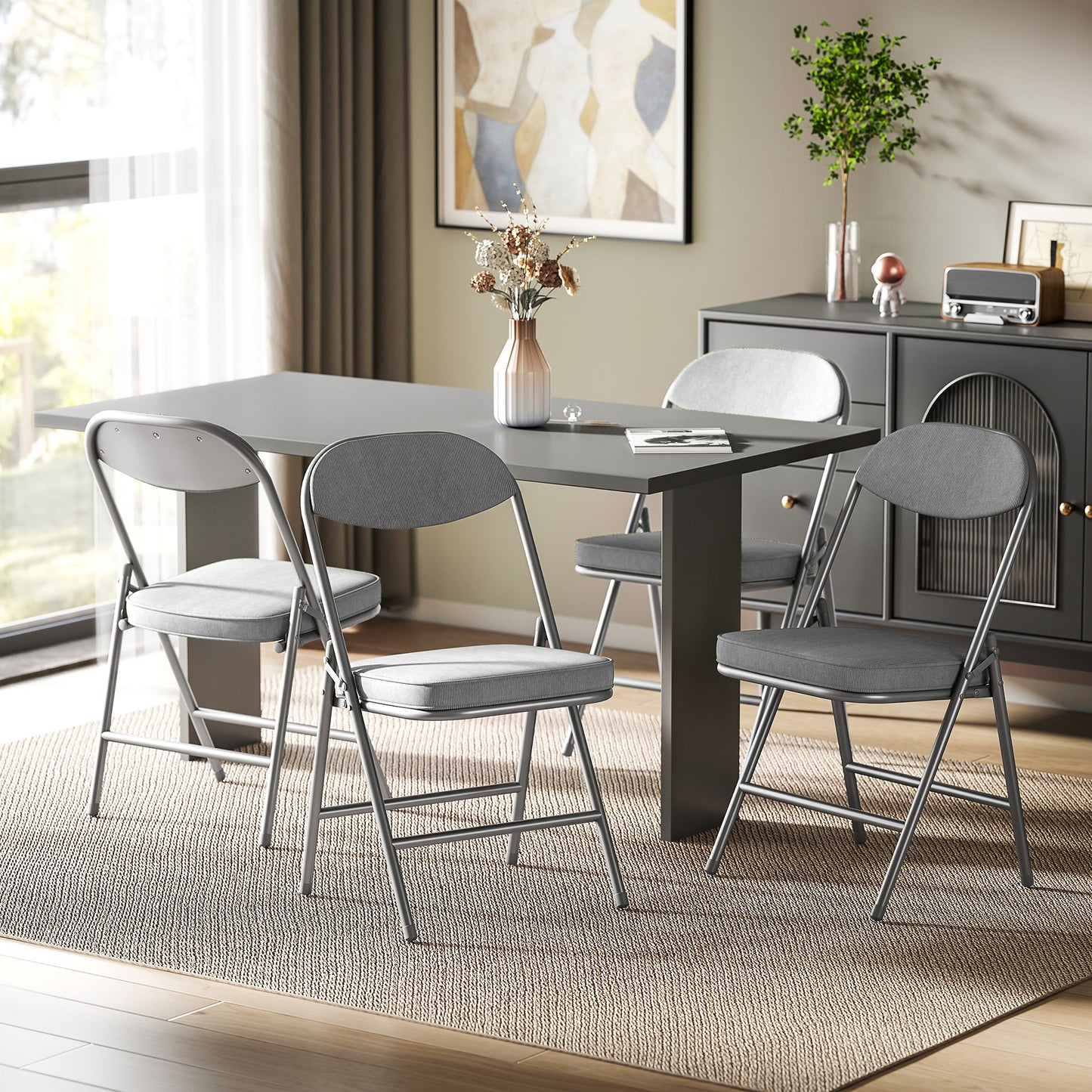 HOMCOM Set Of Four Folding Corduroy Seat Chairs Grey With Padded Seats And Back For Home Use And Events
