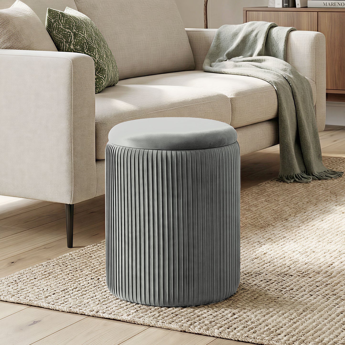 HOMCOM Velvet Round Storage Ottoman Foot Stool 45 cm Grey for Living Room and Bedroom