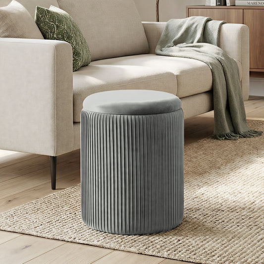 HOMCOM Velvet Round Storage Ottoman Foot Stool 45 cm Grey for Living Room and Bedroom