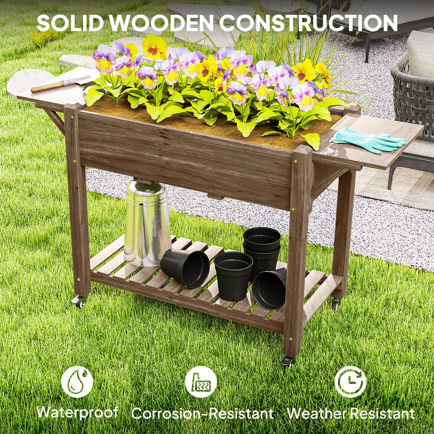 Outsunny 46 x 94 Cm Wooden Raised Planter With Shelves Carbonised Finish For Garden