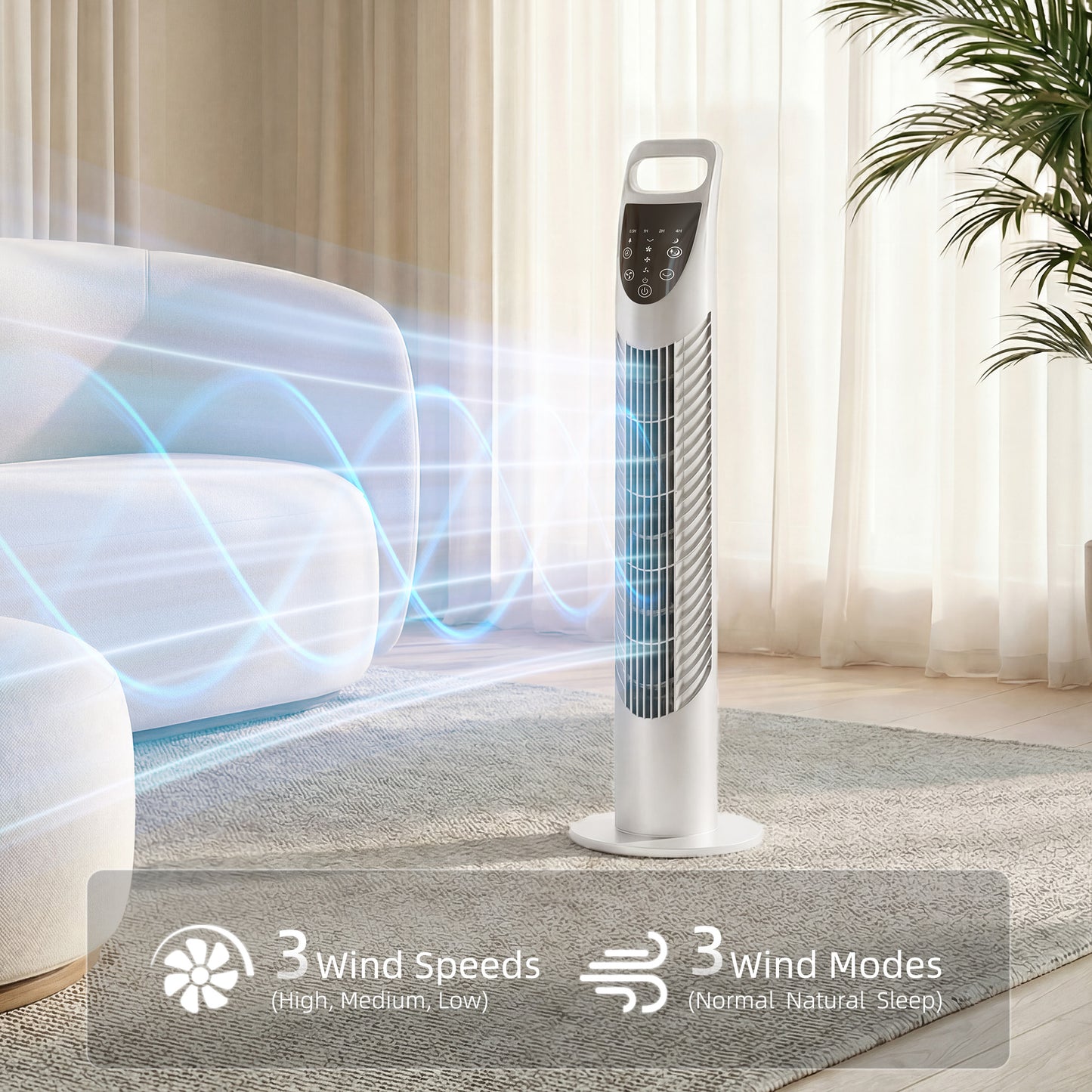 HOMCOM Tower Fan Oscillating With Remote Control 3 Speeds 3 Wind Modes Natural Normal Sleep 40W Timer White