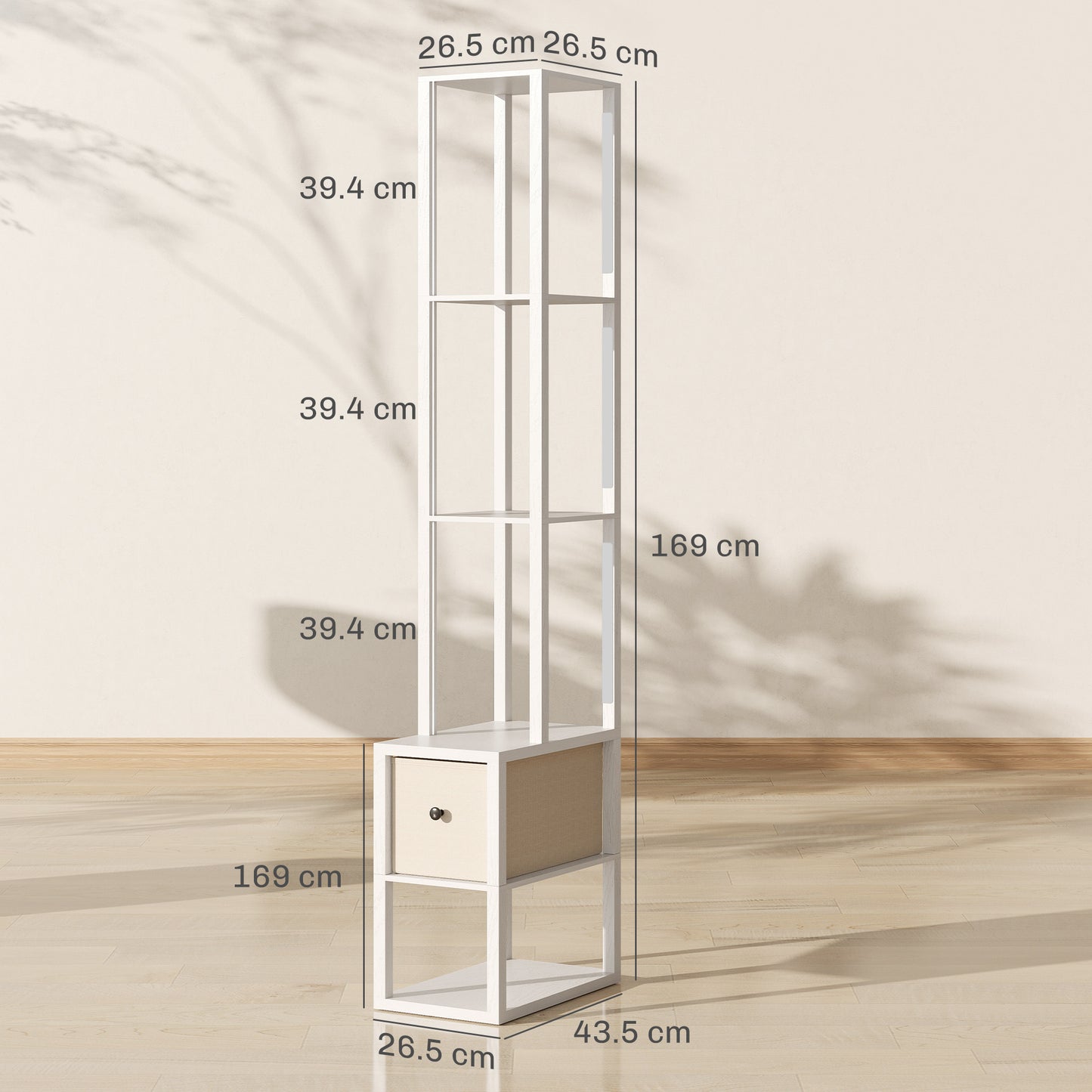 HOMCOM Floor Lamp With Shelves And Fabric Drawer LED Column Modern Standing Lamp Adjustable Brightness Foot Switch White
