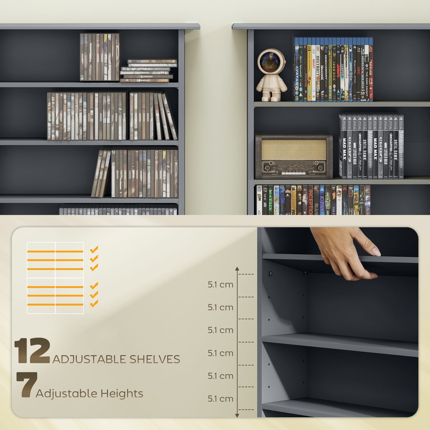 HOMCOM 16 Compartment Media Shelf Grey With 12 Adjustable Shelves Holds 720 CDs 396 DVDs Or Blu Rays Anti Tip Straps