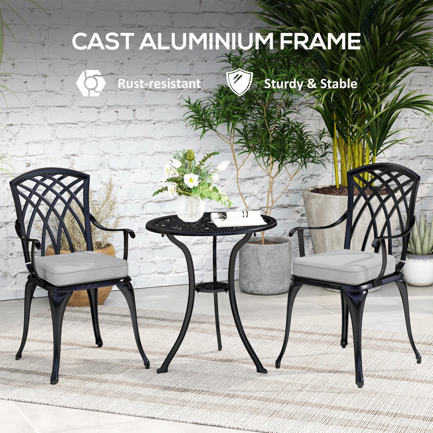 Outsunny Three Piece Cast Aluminium Bistro Set With Parasol Hole 45mm And Cushioned Seats Black