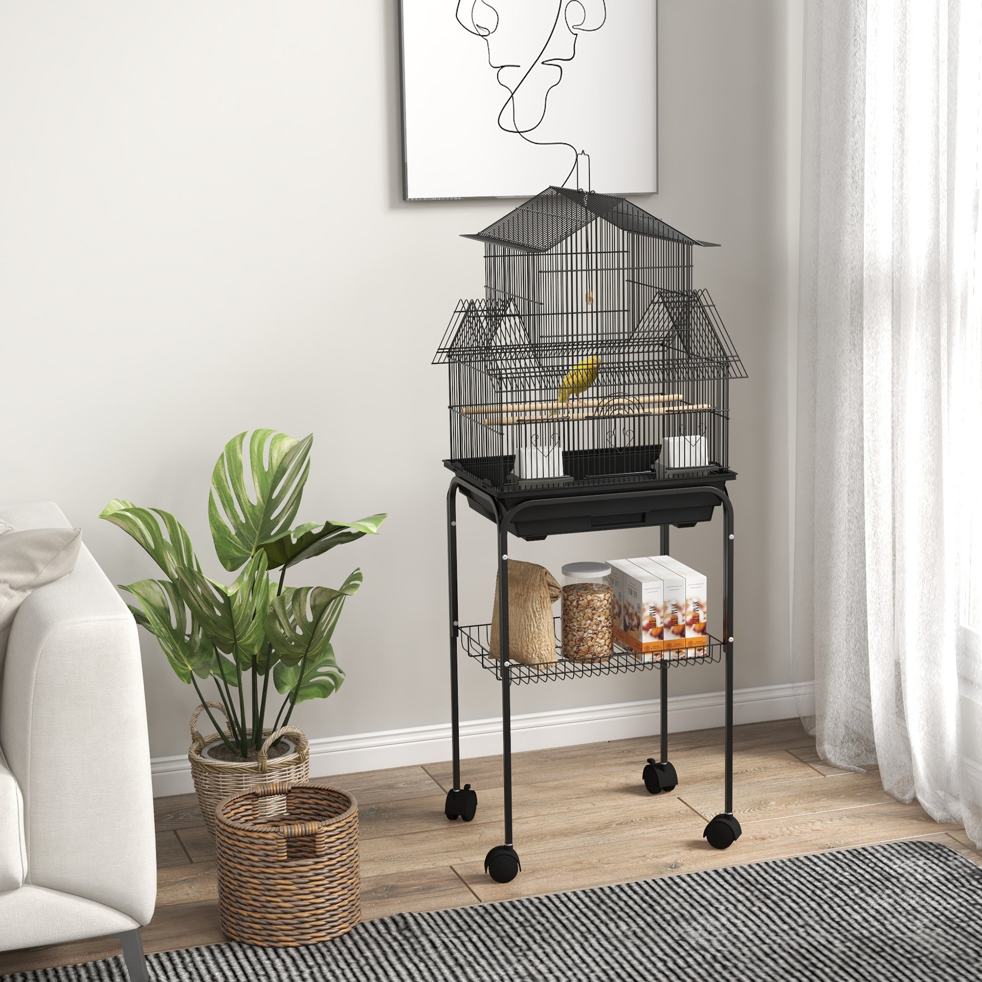 PawHut Deluxe Metal Bird Aviary with Stand, Swing Perch, and Easy-Clean Food Tray for Small Birds - 50.5 x 40 x 63cm, Elegant Black Design - ALL4U RETAILER LTD