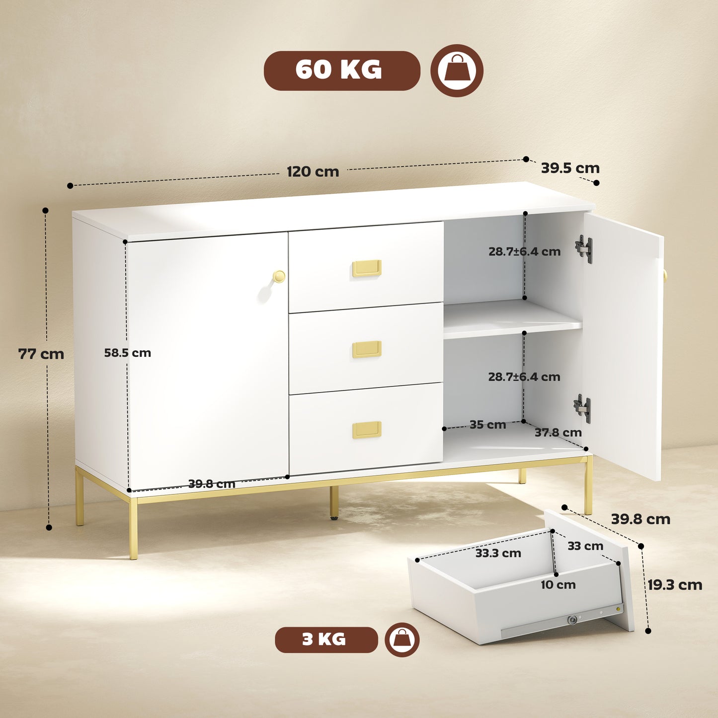 HOMCOM Modern White And Gold Sideboard With Storage Two Cupboards Three Drawers Adjustable Shelves