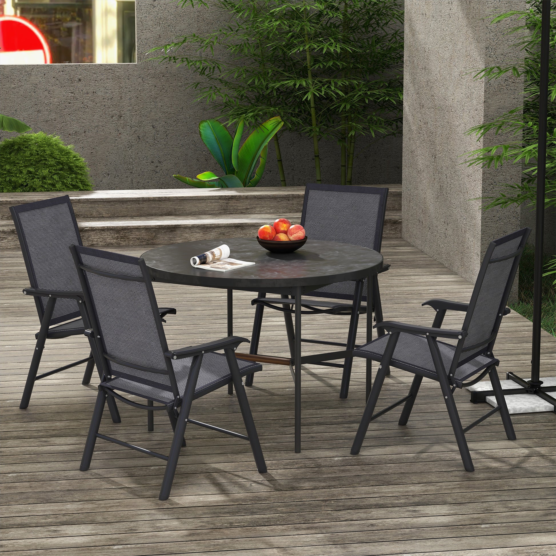 Outsunny Set of 4 Portable Metal Folding Outdoor Chairs with Breathable Mesh - Dark Grey - ALL4U RETAILER LTD