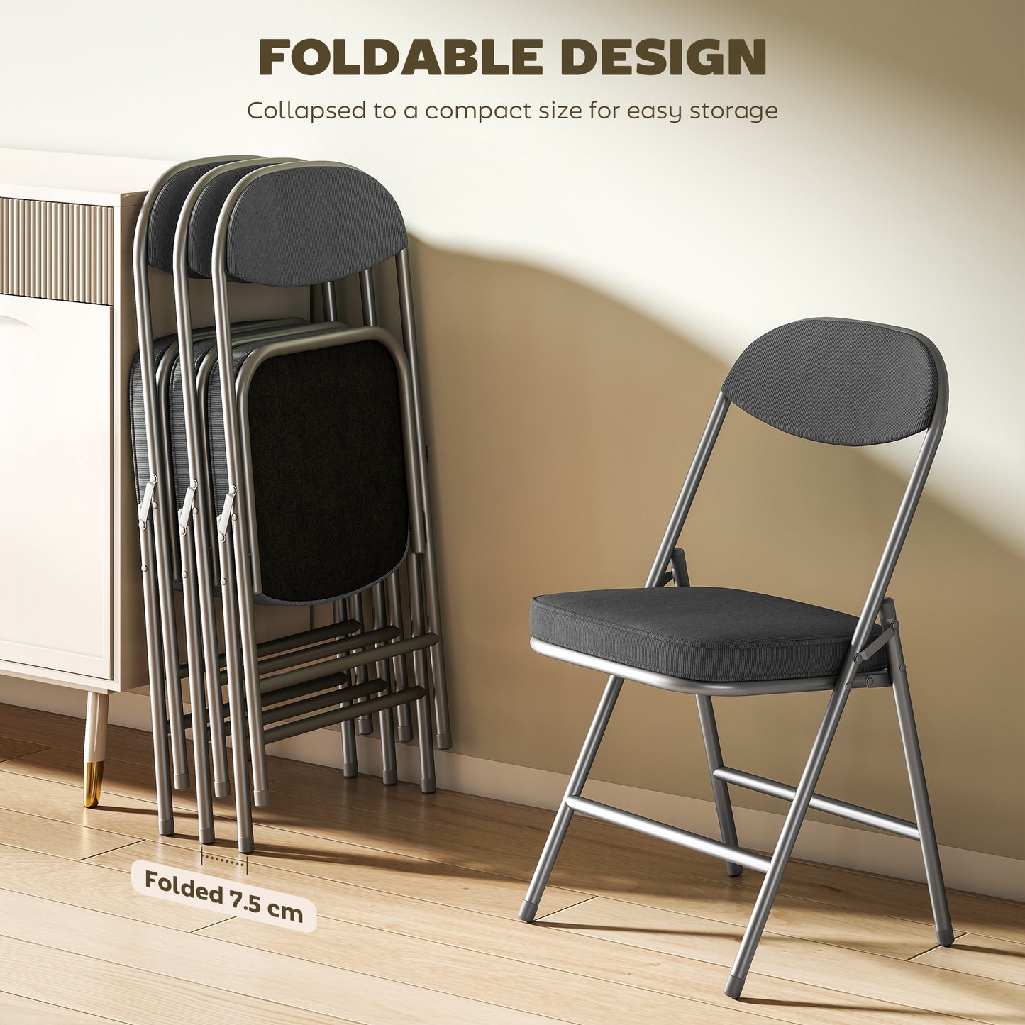 HOMCOM Set of Four Folding Corduroy Seat Chairs Dark Grey With Steel Frame Portable Padded Seating for Dining and Events