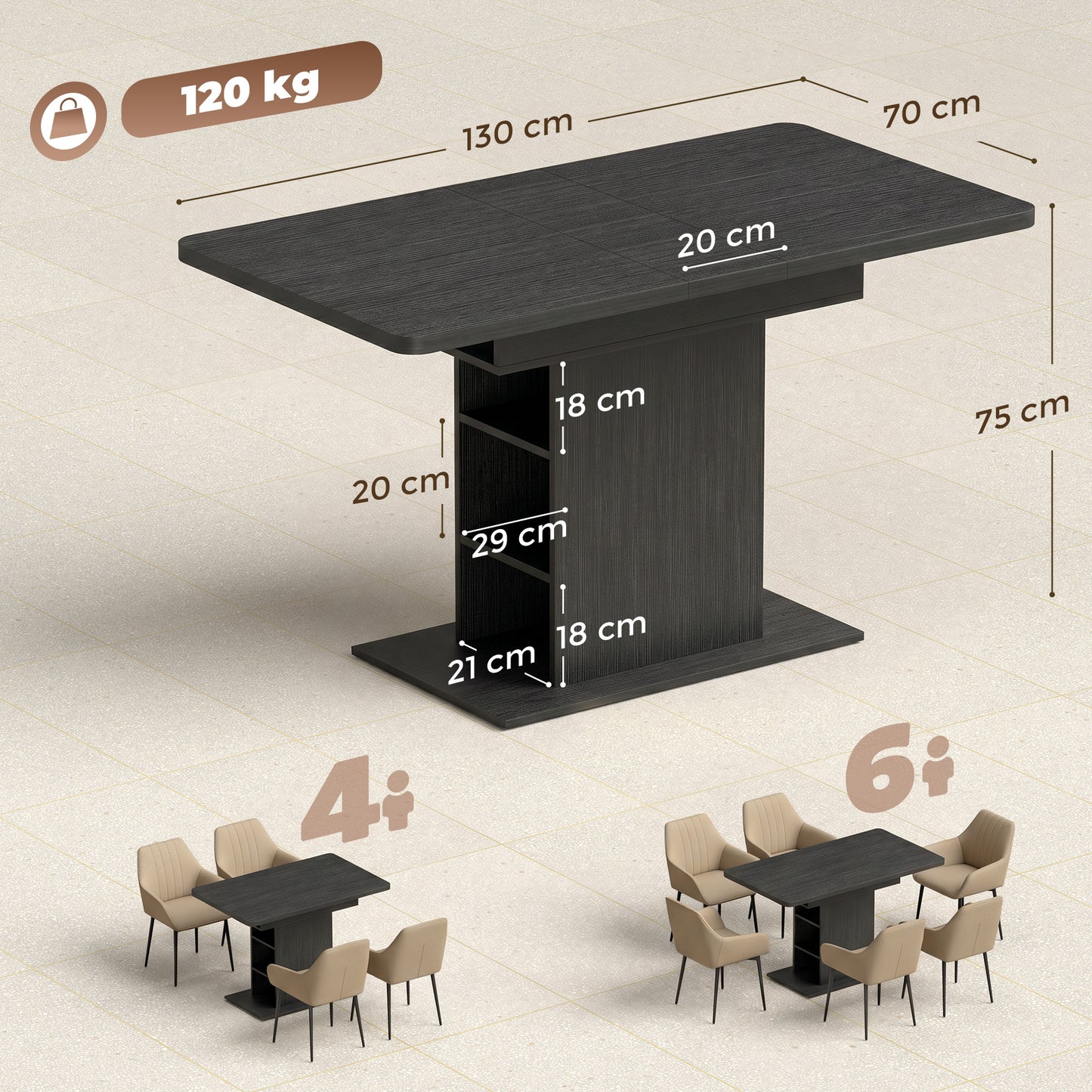 HOMCOM Extendable Dining Table For 4 To 6 People 110 To 130 Cm Black 3cm Thick MDF Top