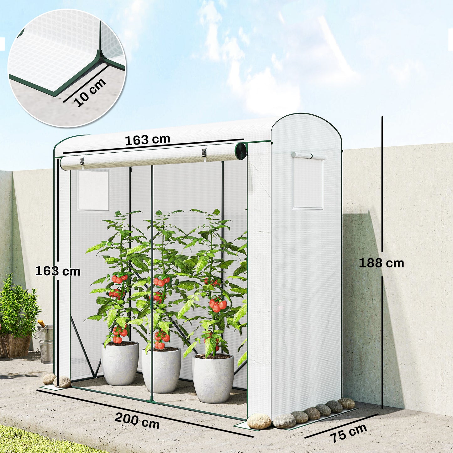Outsunny Mini Greenhouse Garden Tomato Growhouse With Roll Up Door And 2 Mesh Windows PE Cover 200 x 75 x 188 Cm White