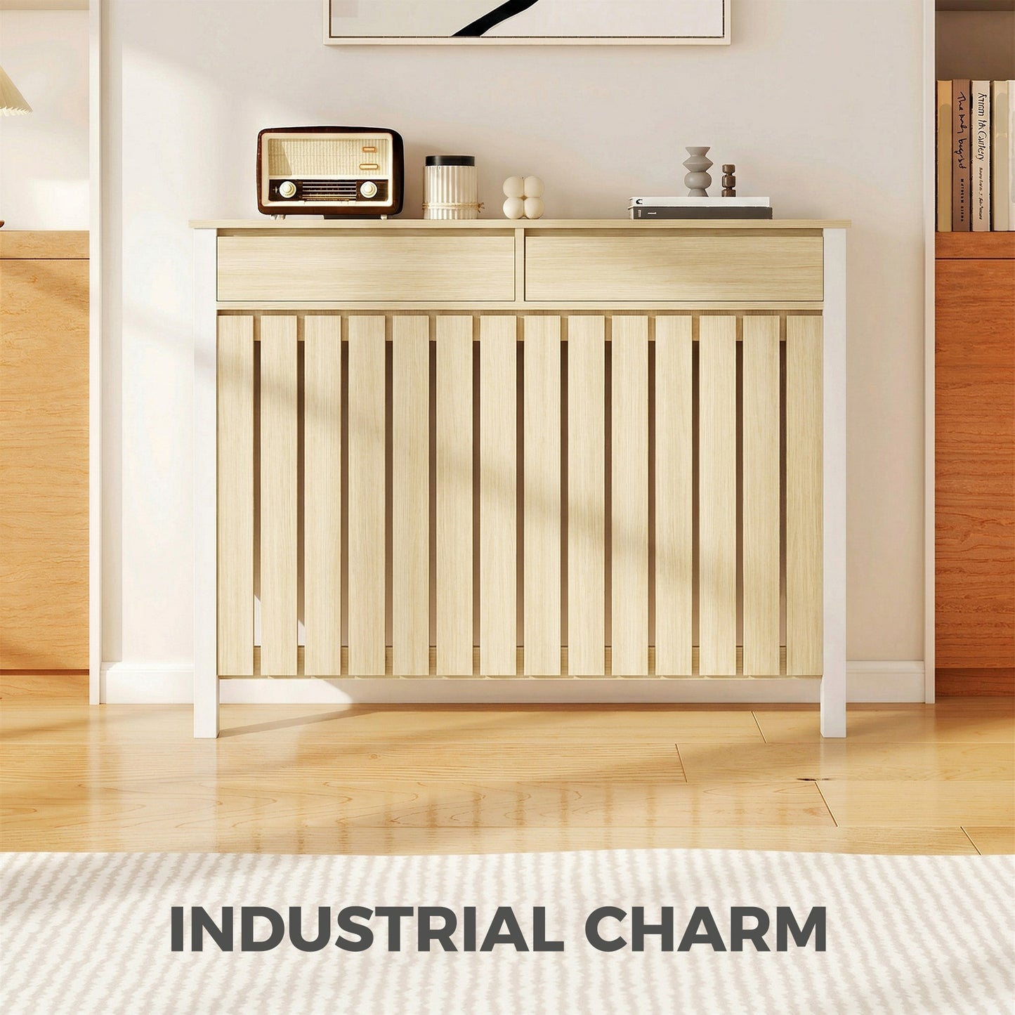 HOMCOM 93 X 119 Cm Rustic Look Slim Radiator Cover In White MDF With Two Top Drawers