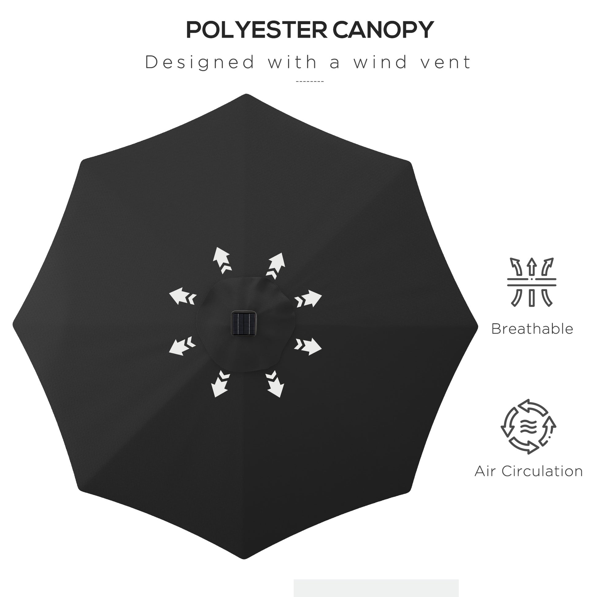 Outsunny Solar-Powered LED Garden Umbrella with Adjustable Tilt and Hand Crank, 2.7m Outdoor Patio Shade, Black - ALL4U RETAILER LTD