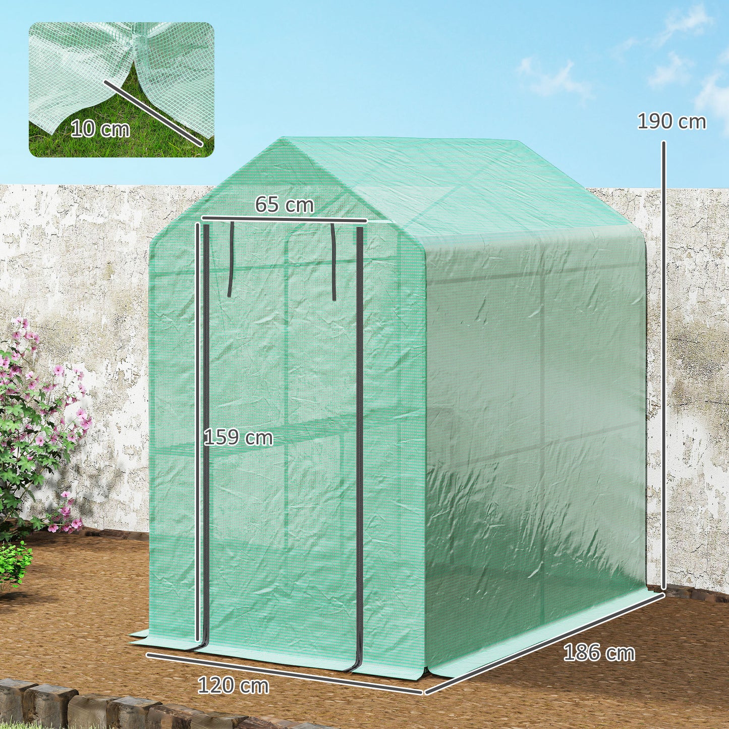 Outsunny 120 by 186cm Walk In Greenhouse With Shelves Steel Frame PE Cover Roll Up Door All Year Round
