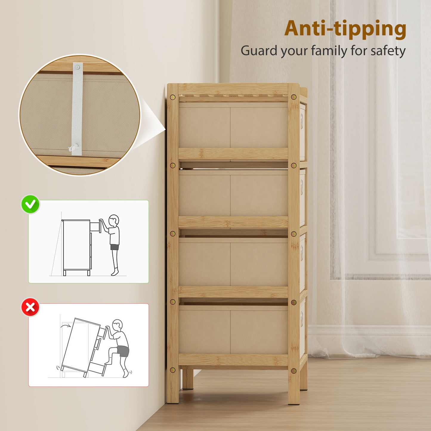 HOMCOM Chest Of Drawers With Bamboo Frame And Four Fabric Drawers Narrow Dresser Cream White