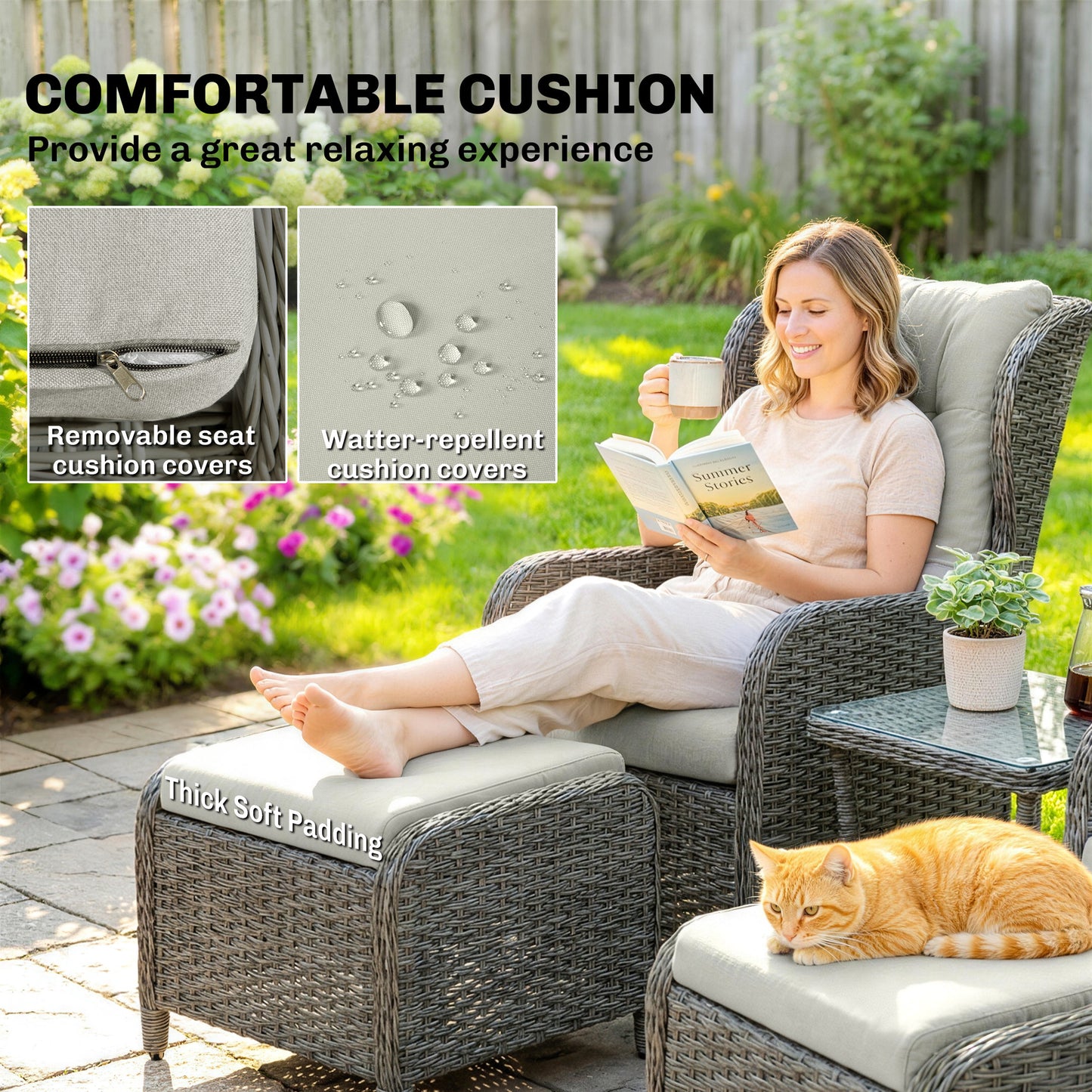 Outsunny 5 Piece Garden Furniture Set Rattan Reclining Chairs With Footstool And Cushions Set Of 2 For Balcony Cream