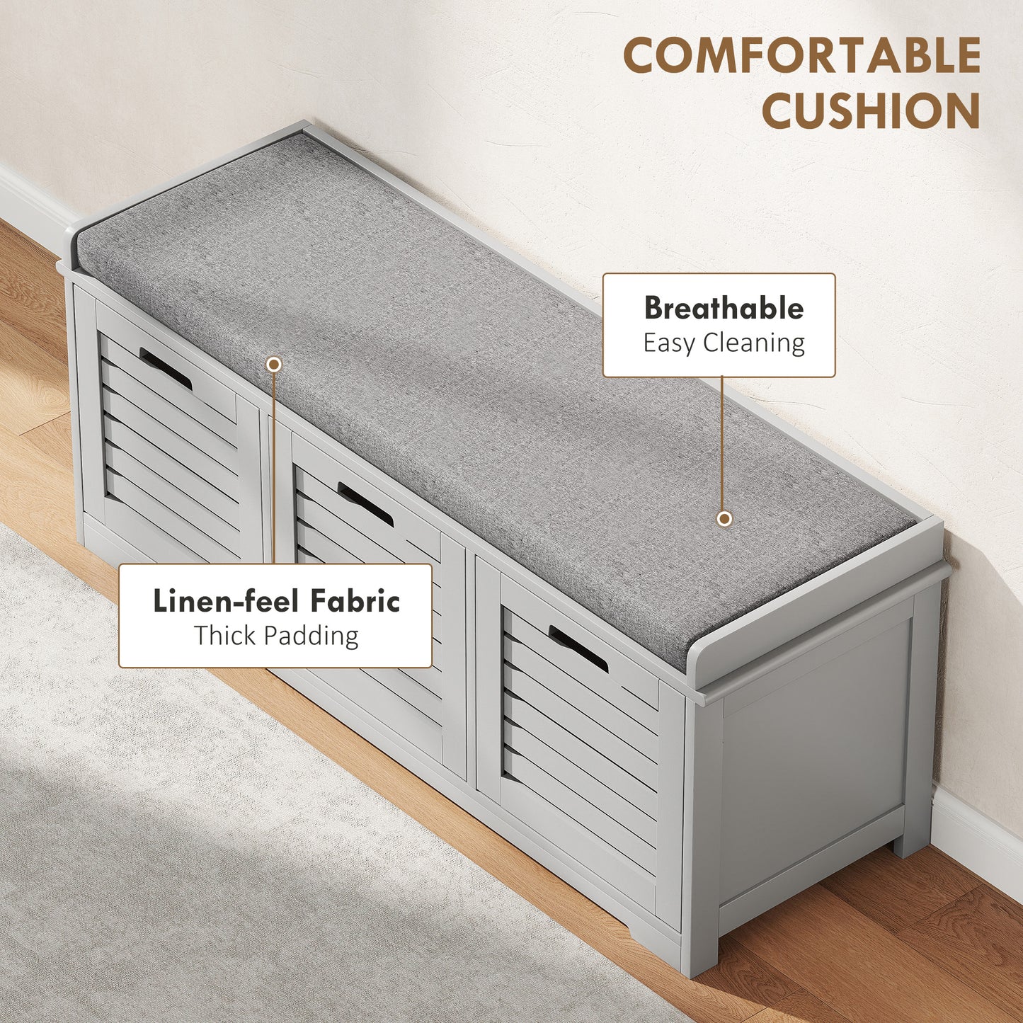HOMCOM Three Compartment Shoe Storage Bench With Cushioned Top In Grey For Entryway Hallway
