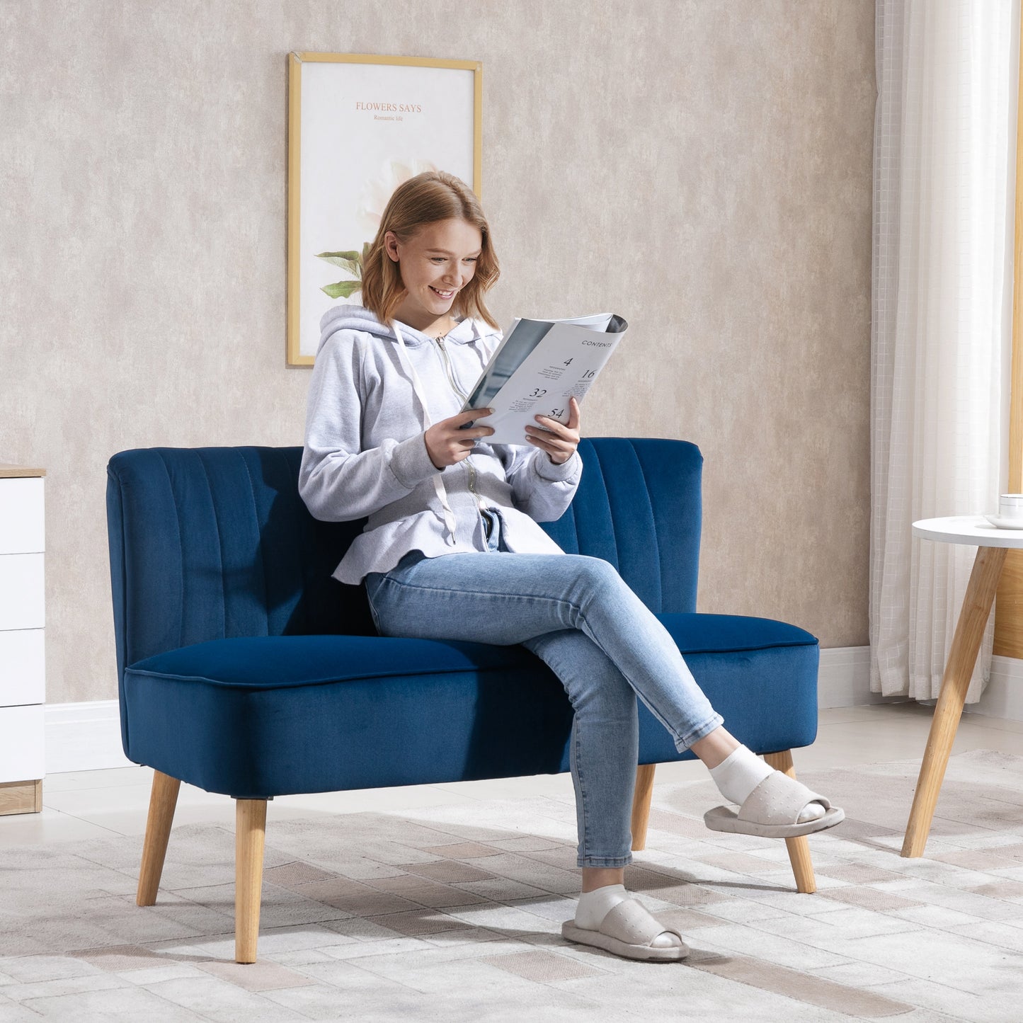 HOMCOM Modern Two Seater Sofa Foam Padding High Back Velvet Upholstery For Home Office Dark Blue