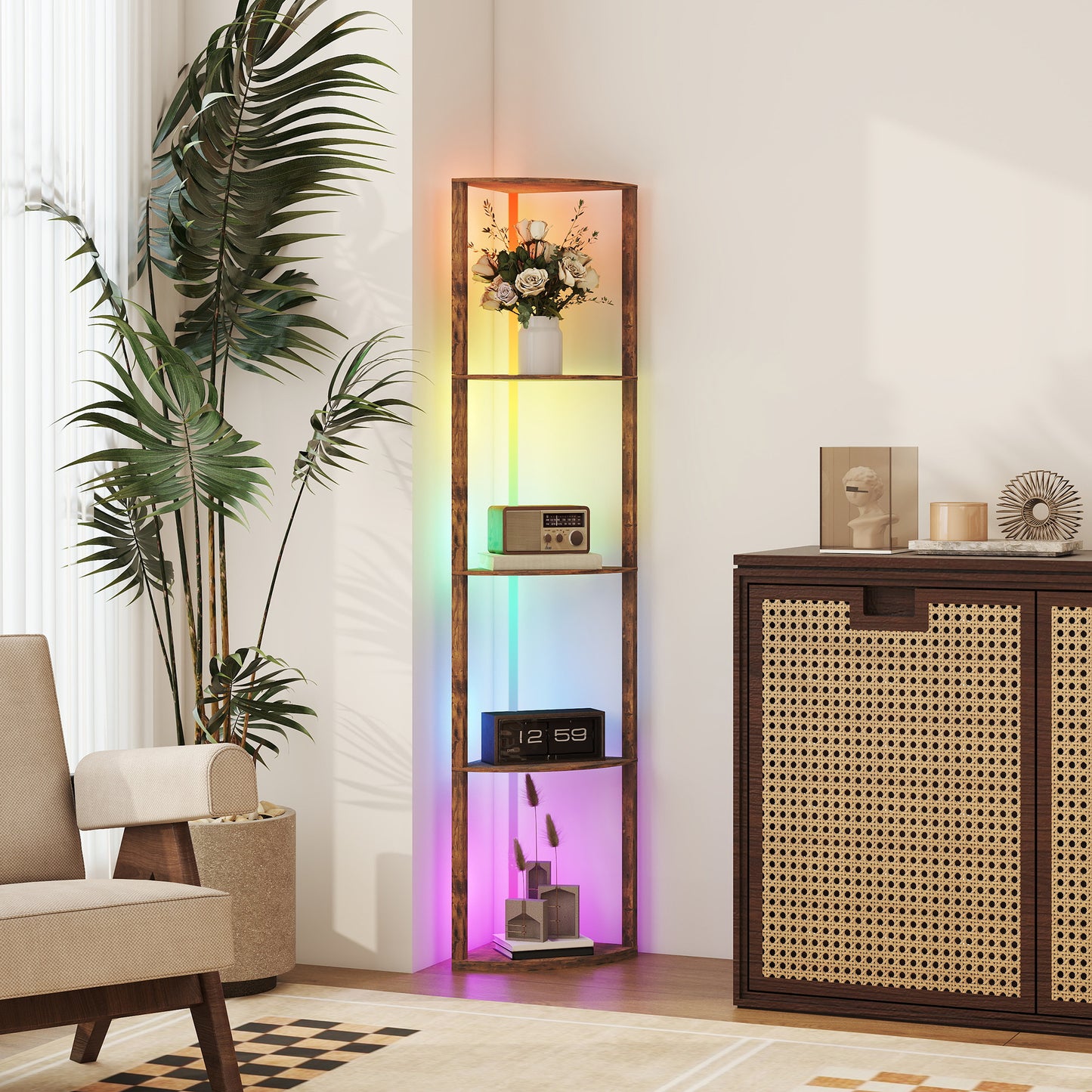 HOMCOM RGB Standing Lamp With Shelves Multi Tier LED Floor Lamp With RGB Lighting Modes Rustic Brown