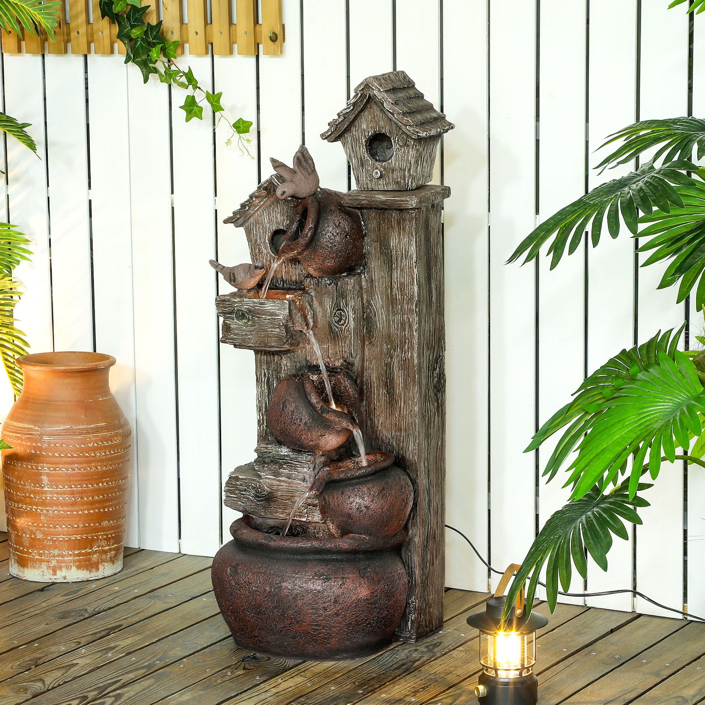 Outsunny 2 In 1 Waterfall Fountain With Birdhouse Resin Garden Water Feature LED Lights Pump Tree Trunk Design