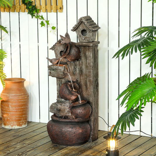 Outsunny 2 In 1 Waterfall Fountain With Birdhouse Resin Garden Water Feature LED Lights Pump Tree Trunk Design