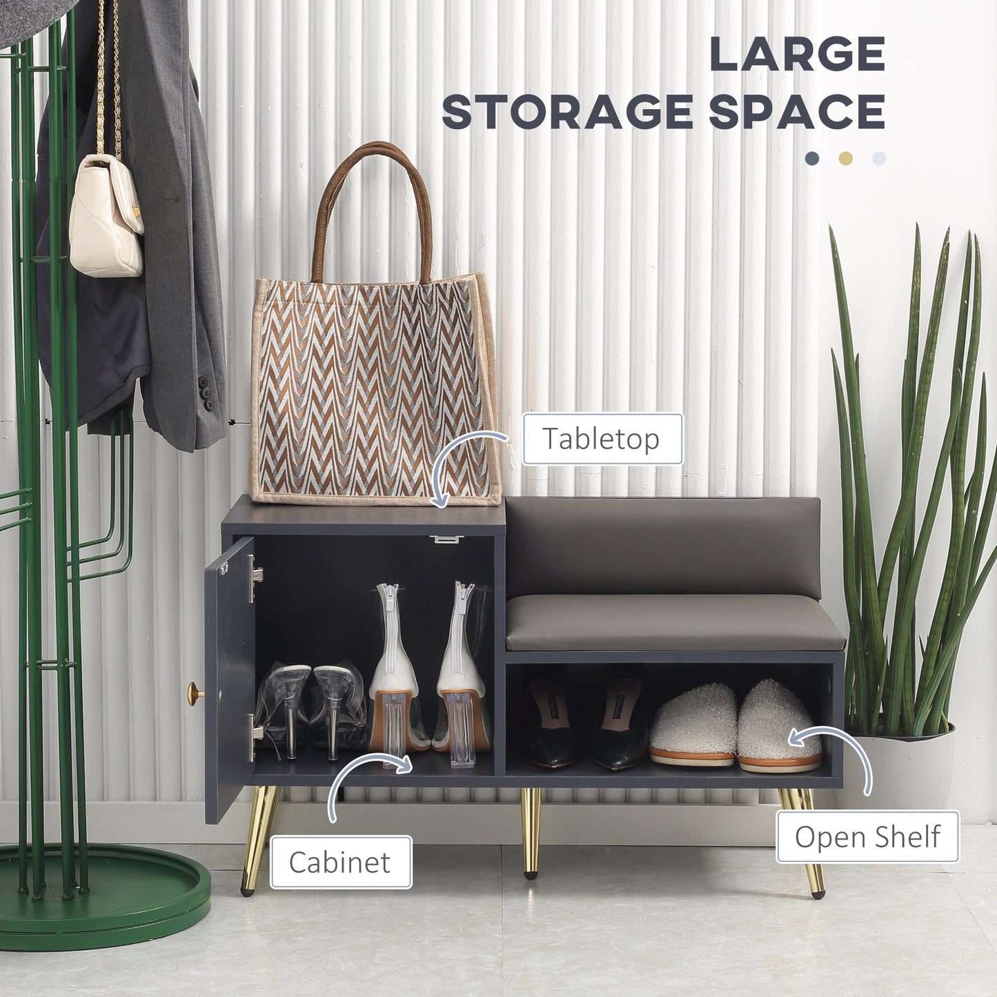 HOMCOM 19 Pairs Hallway Shoe Cabinet With Adjustable Shelves And Steel Legs Grey Entryway Furniture Set